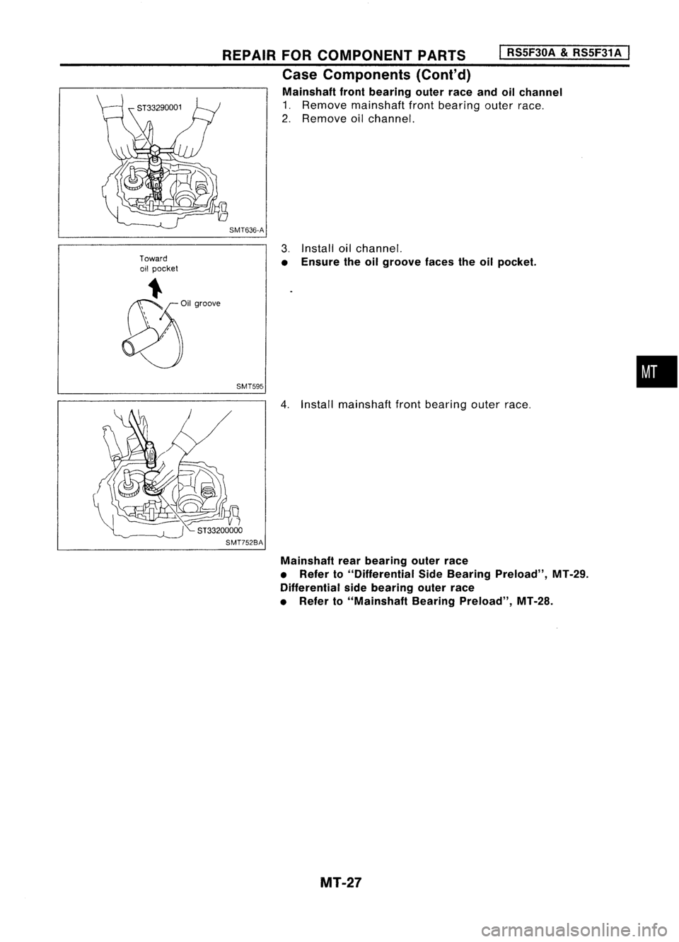 NISSAN ALMERA N15 1995 Service Manual Toward
oil pocket
REPAIR
FORCOMPONENT PARTS
I
RS5F30A
&
RS5F31A
I
Case Components (Cont'd)
Mainshaft frontbearing outerraceandoilchannel
1. Remove mainshaft frontbearing outerrace.
2. Remove NISSAN ALMERA N15 1995 Service Manual Toward
oil pocket
REPAIR
FORCOMPONENT PARTS
I
RS5F30A
&
RS5F31A
I
Case Components (Cont'd)
Mainshaft frontbearing outerraceandoilchannel
1. Remove mainshaft frontbearing outerrace.
2. Remove