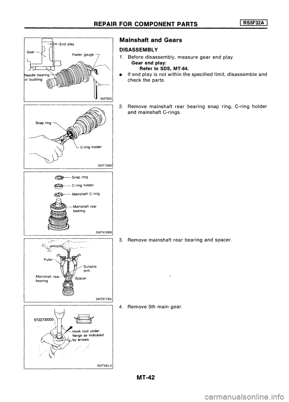NISSAN ALMERA N15 1995 Service Manual REPAIRFORCOMPONENT PARTS
I
RS5F32A
I
Snap ring End
play
Mainshaft
andGears
DISASSEMBL Y
1. Before disassembly, measuregearendplay.
Gear endplay:
Refer to50S, MT-64.
• Ifend play isnot within NISSAN ALMERA N15 1995 Service Manual REPAIRFORCOMPONENT PARTS
I
RS5F32A
I
Snap ring End
play
Mainshaft
andGears
DISASSEMBL Y
1. Before disassembly, measuregearendplay.
Gear endplay:
Refer to50S, MT-64.
• Ifend play isnot within