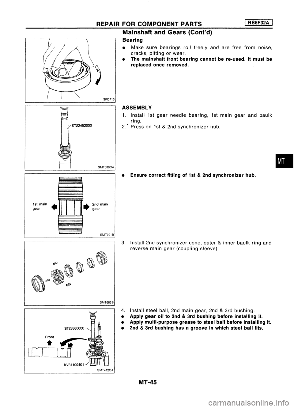 NISSAN ALMERA N15 1995 Service Manual SPD715
•
I
RS5F32A
I
Ensure correct fittingof1st
&
2nd synchronizer hub.
ASSEMBLY
1. Install 1stgear needle bearing, 1stmain gearandbaulk
ring.
2. Press on1st
&
2nd synchronizer hub.
•
SM NISSAN ALMERA N15 1995 Service Manual SPD715
•
I
RS5F32A
I
Ensure correct fittingof1st
&
2nd synchronizer hub.
ASSEMBLY
1. Install 1stgear needle bearing, 1stmain gearandbaulk
ring.
2. Press on1st
&
2nd synchronizer hub.
•
SM