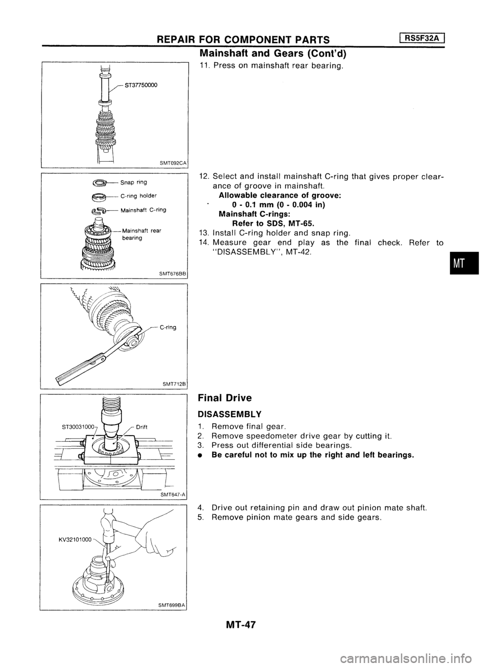 NISSAN ALMERA N15 1995 Service Manual SMT092CA
REPAIR
FORCOMPONENT PARTS
Mainshaft andGears (Cont'd)
11. Press onmainshaft rearbearing.
•
I
RS5F32A
I
12. Select andinstall mainshaft C-ringthatgives proper clear-
ance ofgroove NISSAN ALMERA N15 1995 Service Manual SMT092CA
REPAIR
FORCOMPONENT PARTS
Mainshaft andGears (Cont'd)
11. Press onmainshaft rearbearing.
•
I
RS5F32A
I
12. Select andinstall mainshaft C-ringthatgives proper clear-
ance ofgroove
