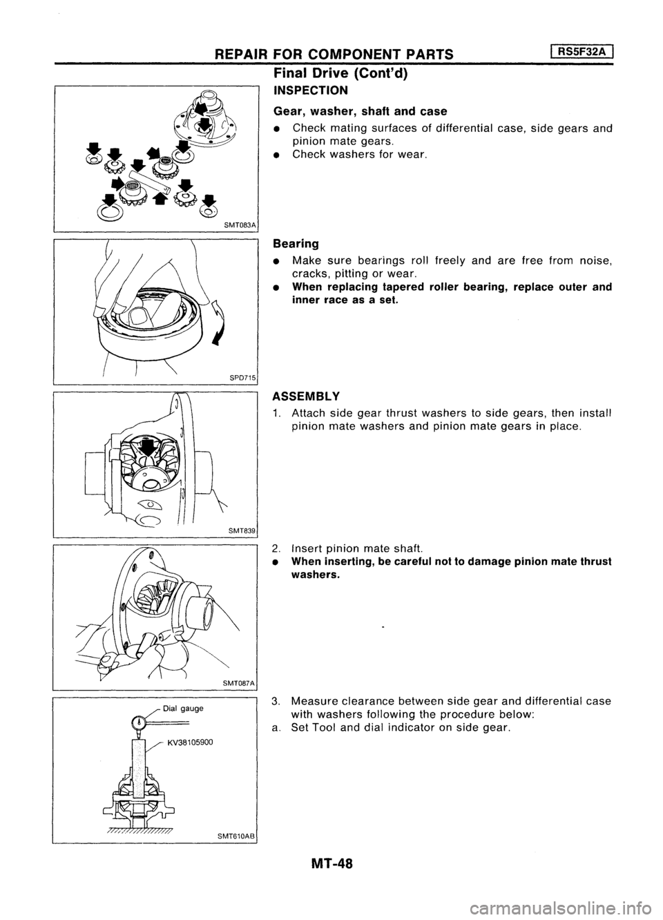NISSAN ALMERA N15 1995 Service Manual SPD715
SMT083A
ASSEMBLY
1. Attach sidegear thrust washers toside gears, theninstall
pinion matewashers andpinion mategears inplace.
I
RS5F32A
I
Gear, washer, shaftandcase
• Check mating surface NISSAN ALMERA N15 1995 Service Manual SPD715
SMT083A
ASSEMBLY
1. Attach sidegear thrust washers toside gears, theninstall
pinion matewashers andpinion mategears inplace.
I
RS5F32A
I
Gear, washer, shaftandcase
• Check mating surface