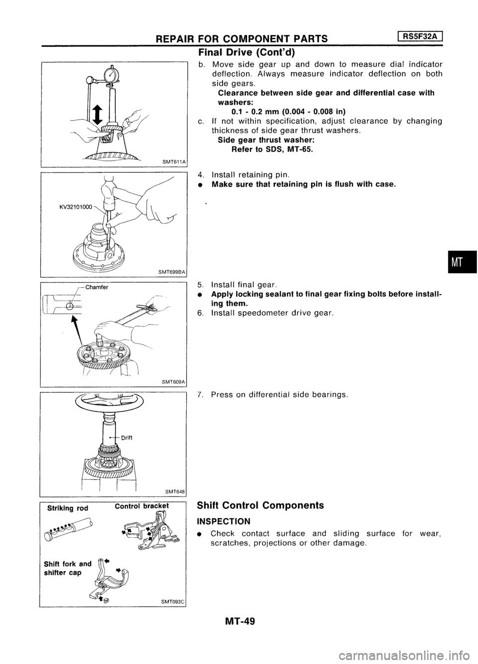 NISSAN ALMERA N15 1995  Service Manual REPAIRFORCOMPONENT PARTS 
I
RS5F32A 
I

Final Drive (Cont'd)

b. Move sidegear upand down tomeasure dialindicator
deflection. Alwaysmeasure indicatordeflection onboth
side gears.

Clearance betwee