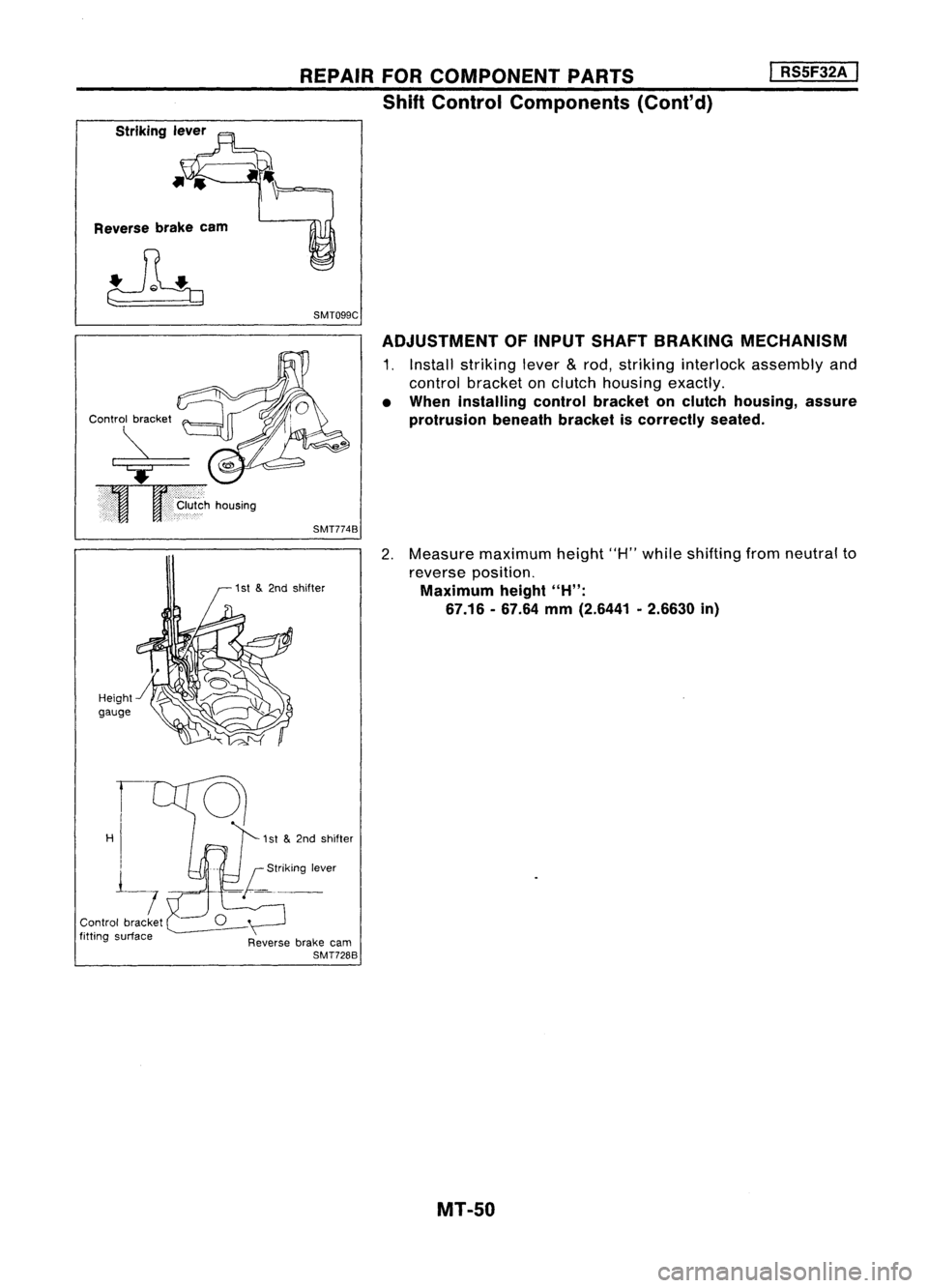 NISSAN ALMERA N15 1995  Service Manual Strikinglever
Reverse brakeearn REPAIR
FORCOMPONENT PARTS
Shift Control Components (Cont'd)
SMT099C I
RS5F32A 
I

ADJUSTMENT OFINPUT SHAFT BRAKING MECHANISM

1. Install striking lever
&
rod, strik