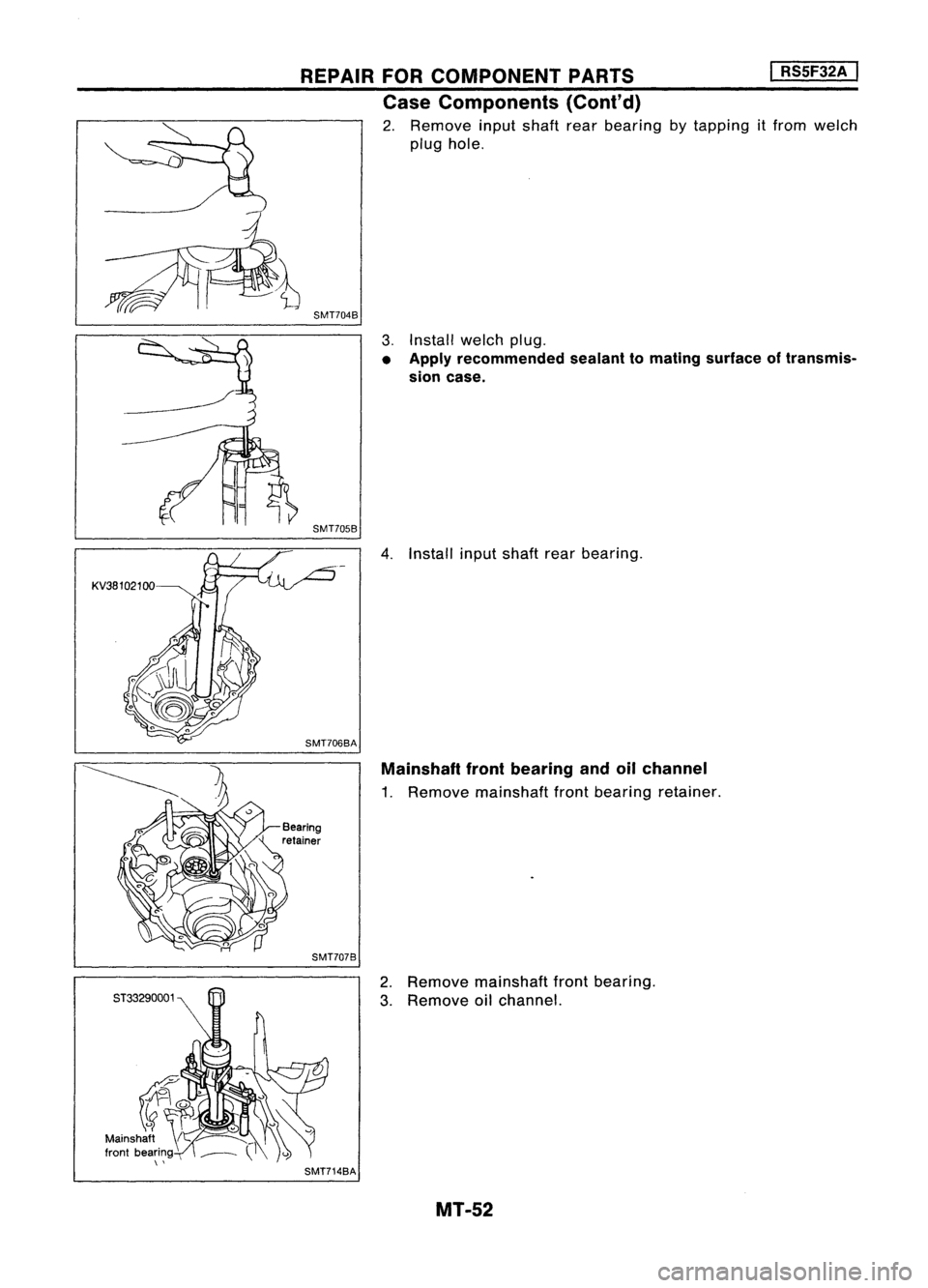 NISSAN ALMERA N15 1995  Service Manual 
ST33290001 
REPAIR
FORCOMPONENT PARTS 
I
RS5F32A 
I

Case Components (Cont'd)

2. Remove inputshaft rearbearing bytapping itfrom welch
plug hole.

SMT704B 
3.Install welchplug.

• Apply recomme
