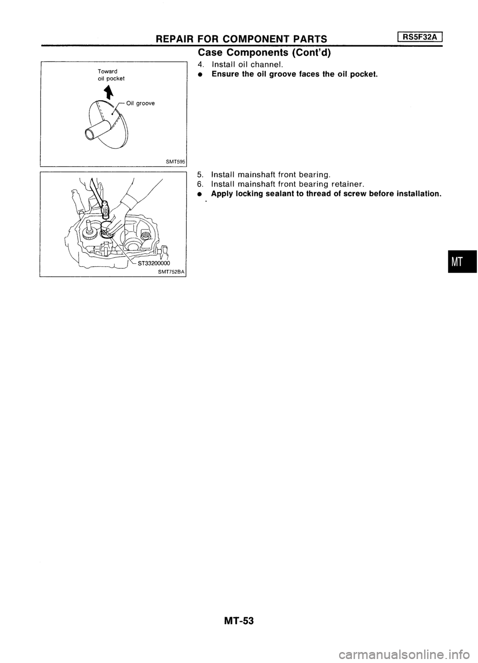 NISSAN ALMERA N15 1995  Service Manual Toward
oil pocket 
REPAIR
FORCOMPONENT PARTS
Case Components (Cont'd)

4. Install oilchannel.

• Ensure theoilgroove facestheoilpocket.
SMT595 
I

RSSF32A 
I

5. Install mainshaft frontbearing.
