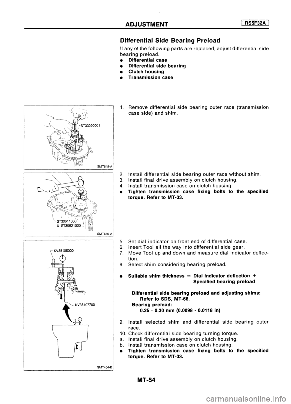 NISSAN ALMERA N15 1995 Service Manual ADJUSTMENT
I
RS5F32A
I
SMT646-A
SMT454-B Differential
SideBearing Preload
If any ofthe following partsarereplaced, adjustdifferential side
bearing preload.
• Differential case
• Differential NISSAN ALMERA N15 1995 Service Manual ADJUSTMENT
I
RS5F32A
I
SMT646-A
SMT454-B Differential
SideBearing Preload
If any ofthe following partsarereplaced, adjustdifferential side
bearing preload.
• Differential case
• Differential