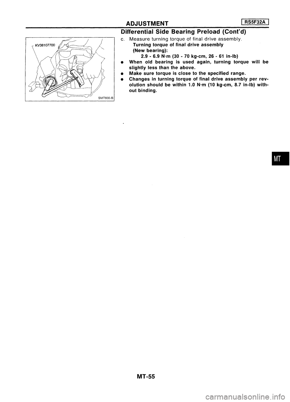 NISSAN ALMERA N15 1995  Service Manual ADJUSTMENT
I
RS5F32A 
I

Differential SideBearing Preload(Cont'd)

c. Measure turningtorqueoffinal drive assembly.
Turning torqueoffinal drive assembly
(New bearing):
2.9 -6.9 N'm (30-70 kg-em