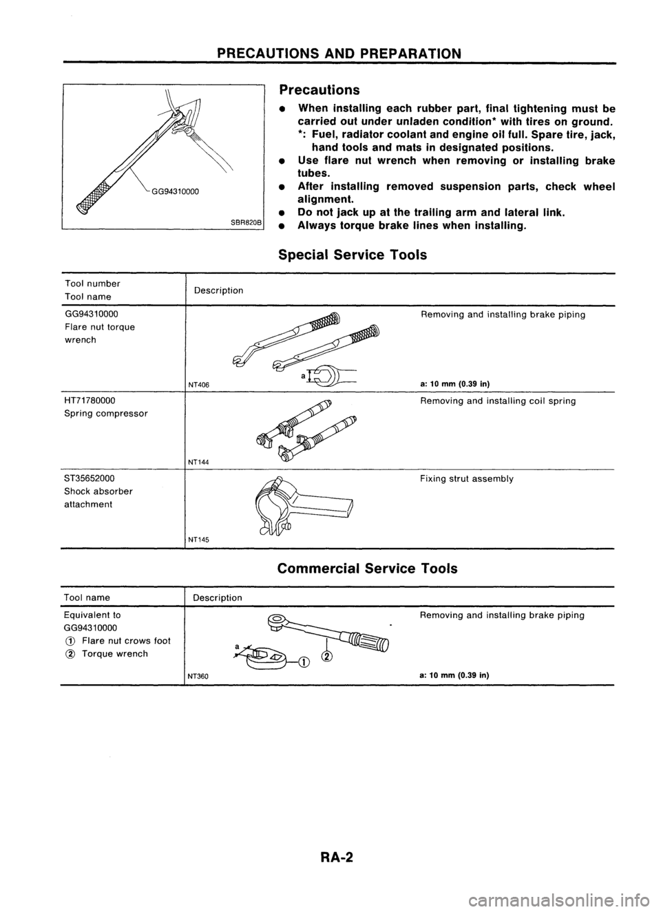 NISSAN ALMERA N15 1995 Service Manual PRECAUTIONSANDPREPARATION
SBR820B Precautions
• When installing eachrubber part,finaltightening mustbe
carried outunder unladen condition* withtires onground.
*:
Fuel, radiator coolantandengine oi NISSAN ALMERA N15 1995 Service Manual PRECAUTIONSANDPREPARATION
SBR820B Precautions
• When installing eachrubber part,finaltightening mustbe
carried outunder unladen condition* withtires onground.
*:
Fuel, radiator coolantandengine oi