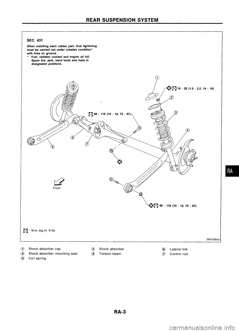 NISSAN ALMERA N15 1995 Service Manual REARSUSPENSION SYSTEM
SEC. 431
When installing eachrubber part,finaltightening
must becarried outunder unladen condition'
with tires onground.
, Fuel, radiator coolantandengine oilfull.
Spare ti NISSAN ALMERA N15 1995 Service Manual REARSUSPENSION SYSTEM
SEC. 431
When installing eachrubber part,finaltightening
must becarried outunder unladen condition'
with tires onground.
, Fuel, radiator coolantandengine oilfull.
Spare ti
