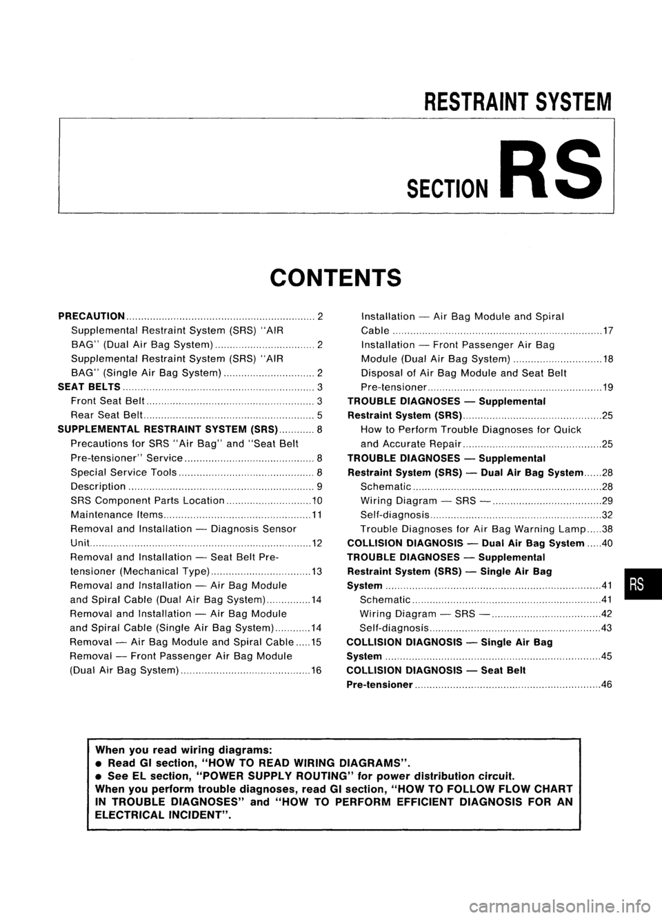 NISSAN ALMERA N15 1995 Service Manual
RESTRAINTSYSTEM
SECTION
RS
CONTENTS
PRECAUTION 2
Supplemental RestraintSystem(SRS)"AIR
BAG" (DualAirBag System) 2
Supplemental RestraintSystem(SRS)"AIR
BAG" (Single AirBag System) 2 NISSAN ALMERA N15 1995 Service Manual
RESTRAINTSYSTEM
SECTION
RS
CONTENTS
PRECAUTION 2
Supplemental RestraintSystem(SRS)"AIR
BAG" (DualAirBag System) 2
Supplemental RestraintSystem(SRS)"AIR
BAG" (Single AirBag System) 2