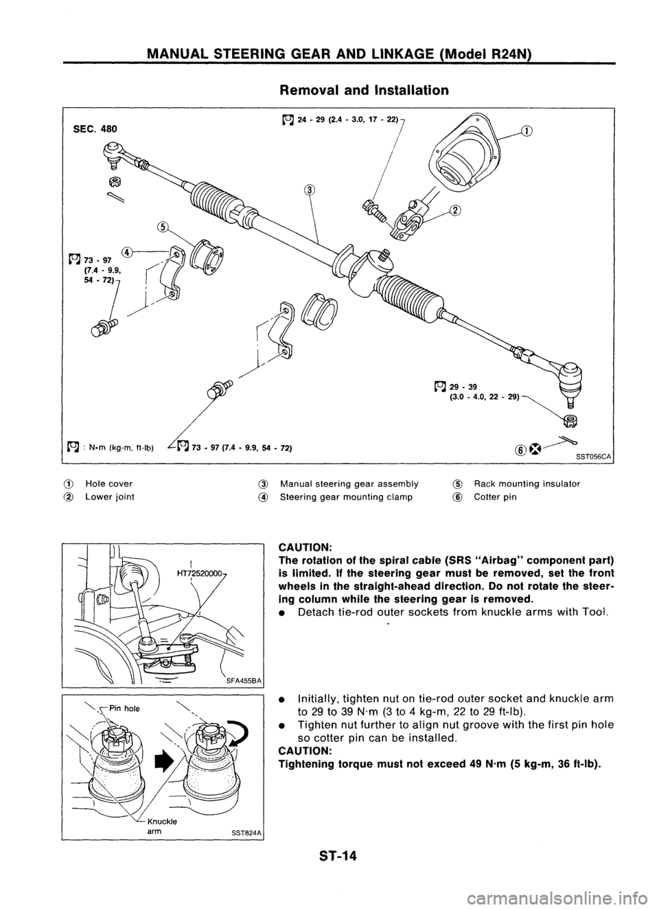 NISSAN ALMERA N15 1995  Service Manual MANUALSTEERING GEARANDLINKAGE (ModelR24N)
Removal andInstallation
SEC. 480
A :
N.m (kg-m, tt-Ib)

(!) 
Hole cover

@ 
Lower joint 
@

Manual steering gearassembly

@ 
Steering gearmounting clamp 
tt&#