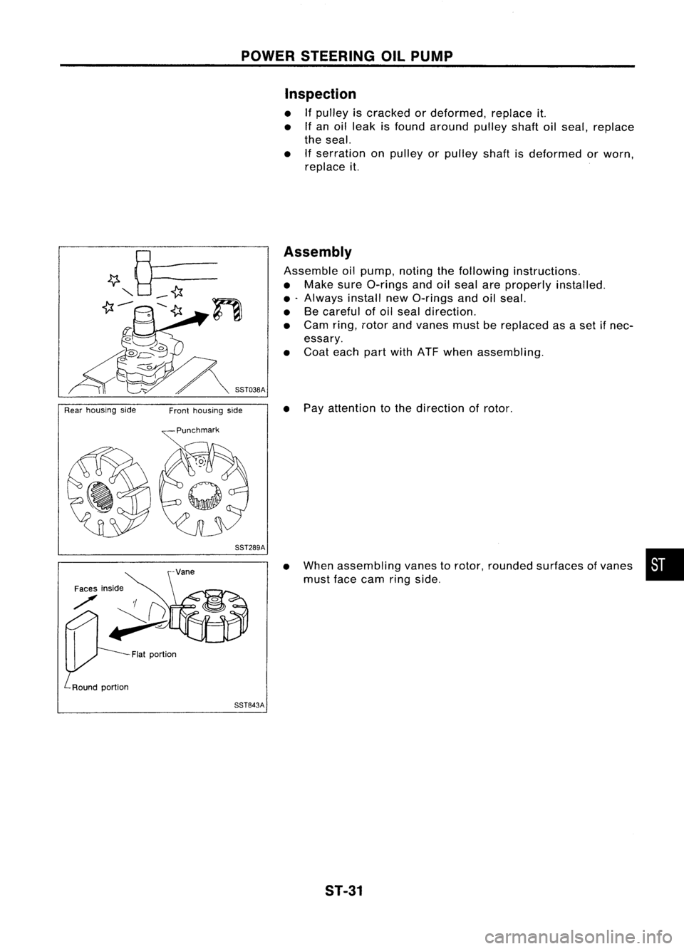 NISSAN ALMERA N15 1995 Service Manual POWERSTEERING OILPUMP
Inspection
• Ifpulley iscracked ordeformed, replaceit.
• Ifan oil leak isfound around pulleyshaftoilseal, replace
the seal.
• Ifserration onpulley orpulley shaftisdeformed NISSAN ALMERA N15 1995 Service Manual POWERSTEERING OILPUMP
Inspection
• Ifpulley iscracked ordeformed, replaceit.
• Ifan oil leak isfound around pulleyshaftoilseal, replace
the seal.
• Ifserration onpulley orpulley shaftisdeformed