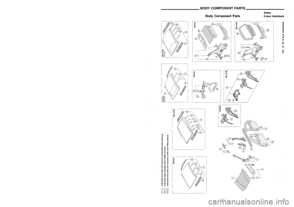 NISSAN ALMERA N15 1995  Service Manual ________BODYCOMPONENT PARTS _
___________ REPLACEMENTOPERATIONS
Rear Fender

5-doorhatchback

BodyComponent Parts Sedan
5-door Hatchback

~

o
o

'"C

iD

c

co

"0 
(]J

en

@

1or 111

1