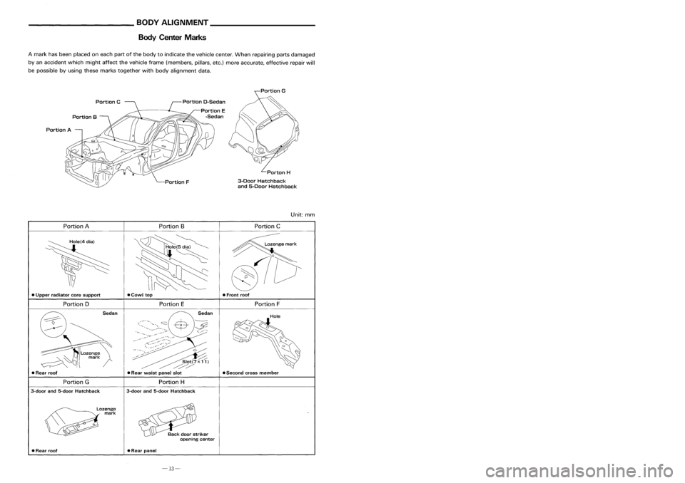 NISSAN ALMERA N15 1995 Service Manual Description
_________
BODYALIGNMENT _
Body Center Marks ________
REPLACEMENTOPERATIONS _
SYMBOLS FORCUITING AND
WELDING/BRAZING OPERATIONS
..J
3-spot welds
(3-panel overlapping portions)
2-SDOt
NISSAN ALMERA N15 1995 Service Manual Description
_________
BODYALIGNMENT _
Body Center Marks ________
REPLACEMENTOPERATIONS _
SYMBOLS FORCUITING AND
WELDING/BRAZING OPERATIONS
..J
3-spot welds
(3-panel overlapping portions)
2-SDOt
