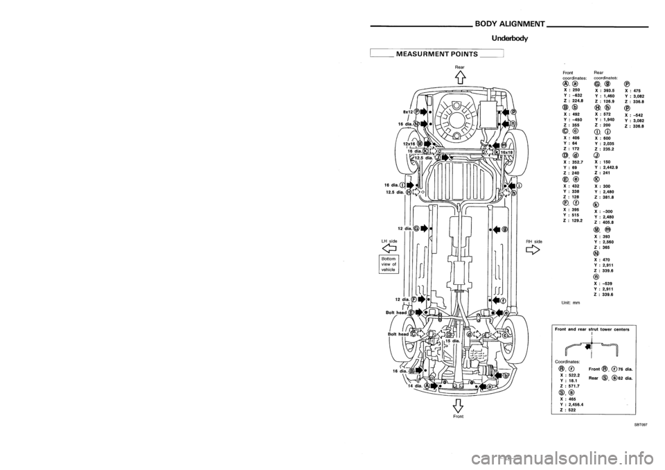 NISSAN ALMERA N15 1995 Service Manual ______ HANDLINGPRECAUTIONS FORPLASTICS __
BODYALIGNMENT _
Location OfPlastic Parts
Underbody
Kicking plate(PP)
Front
@,
076
dia.
Rear
@,@
62 dia.
Front
Rear
coordinates: coordinates:
@,@ @,@@
X NISSAN ALMERA N15 1995 Service Manual ______ HANDLINGPRECAUTIONS FORPLASTICS __
BODYALIGNMENT _
Location OfPlastic Parts
Underbody
Kicking plate(PP)
Front
@,
076
dia.
Rear
@,@
62 dia.
Front
Rear
coordinates: coordinates:
@,@ @,@@
X