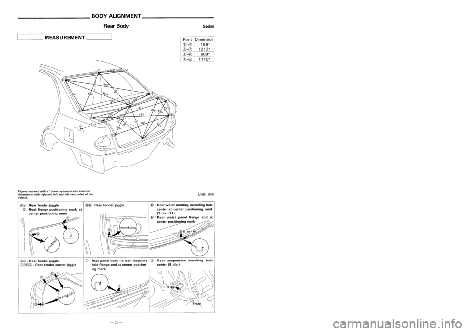 NISSAN ALMERA N15 1995 Service Manual __________ BODYALIGNMENT ___________
BODYALIGNMENT _
Rear Body Sedan
RearBody 3-door
Hatchback
5-door Hatchback
____ MEASUREMENT _
PointDimension
@~(E)
189*
@~CD
1213*
@~(8)
608*
(E)~@
1110* NISSAN ALMERA N15 1995 Service Manual __________ BODYALIGNMENT ___________
BODYALIGNMENT _
Rear Body Sedan
RearBody 3-door
Hatchback
5-door Hatchback
____ MEASUREMENT _
PointDimension
@~(E)
189*
@~CD
1213*
@~(8)
608*
(E)~@
1110*