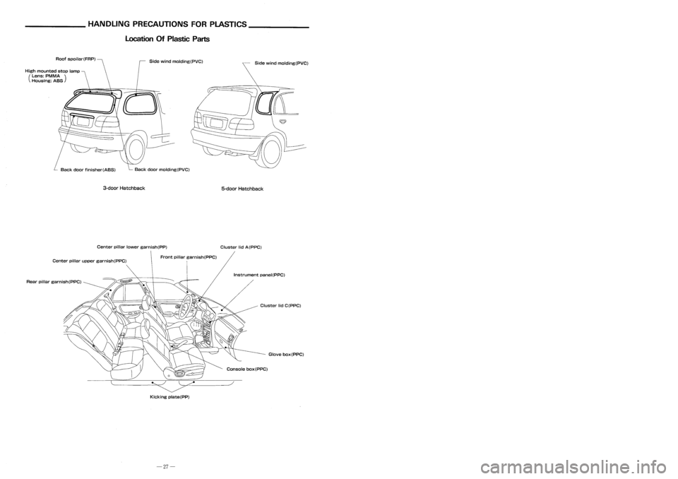 NISSAN ALMERA N15 1995 Service Manual ______ HANDLINGPRECAUTIONS FORPLASTICS __
BODYALIGNMENT _
Location OfPlastic Parts
Underbody
Kicking plate(PP)
Front
@,
076
dia.
Rear
@,@
62 dia.
Front
Rear
coordinates: coordinates:
@,@ @,@@
X NISSAN ALMERA N15 1995 Service Manual ______ HANDLINGPRECAUTIONS FORPLASTICS __
BODYALIGNMENT _
Location OfPlastic Parts
Underbody
Kicking plate(PP)
Front
@,
076
dia.
Rear
@,@
62 dia.
Front
Rear
coordinates: coordinates:
@,@ @,@@
X
