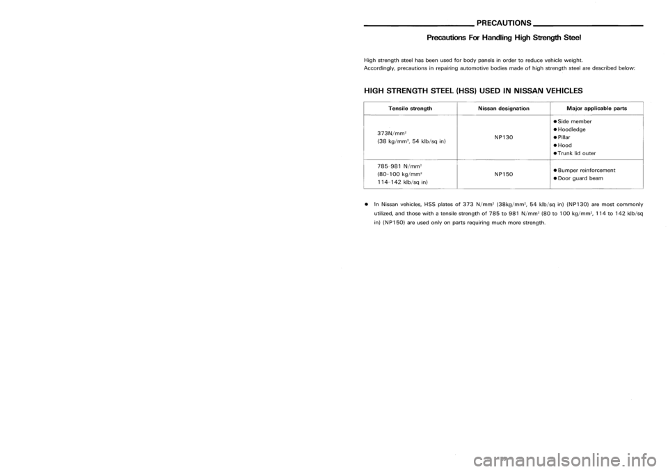 NISSAN ALMERA N15 1995 Service Manual __________ BODYALIGNMENT ___________
PRECAUTIONS _
Underbody Precautions
ForHandling HighStrength Steel
• InNissan vehicles, HSSplates of373 N/mm
2
(38kg/mm
2,
54klb/sq in)(NP130) aremost commonl NISSAN ALMERA N15 1995 Service Manual __________ BODYALIGNMENT ___________
PRECAUTIONS _
Underbody Precautions
ForHandling HighStrength Steel
• InNissan vehicles, HSSplates of373 N/mm
2
(38kg/mm
2,
54klb/sq in)(NP130) aremost commonl