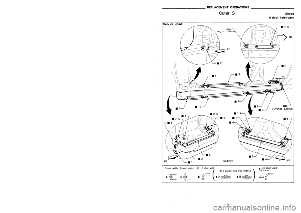 NISSAN ALMERA N15 1995 Service Manual Description REPLACEMENT
OPERATIONS
Outer Sill
Sedan
5-door hatchback
FR
_4A
.cm
(OIerlap cutting)
_4
117
Unit:mm
119
112A 111A
114 111
114
M. I.G plug weld MIG seam weld/
(For 3panels plu NISSAN ALMERA N15 1995 Service Manual Description REPLACEMENT
OPERATIONS
Outer Sill
Sedan
5-door hatchback
FR
_4A
.cm
(OIerlap cutting)
_4
117
Unit:mm
119
112A 111A
114 111
114
M. I.G plug weld MIG seam weld/
(For 3panels plu