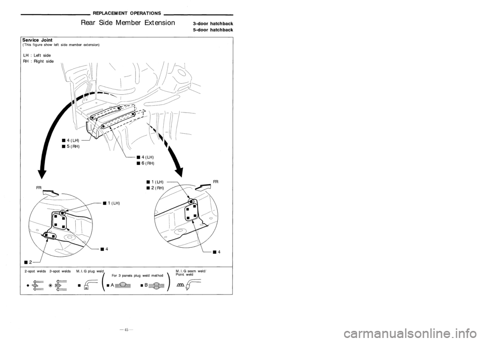 NISSAN ALMERA N15 1995 Service Manual
3-doorhatchback
5-door hatchback
___________
REPLACEMENTOPERATIONS _
Rear SideMember Extension
Service Joint
(This figure showleftside member extension)
FR
~
/
----
11 1
(LH)
11 2(RH)
_
4(LH) NISSAN ALMERA N15 1995 Service Manual
3-doorhatchback
5-door hatchback
___________
REPLACEMENTOPERATIONS _
Rear SideMember Extension
Service Joint
(This figure showleftside member extension)
FR
~
/
----
11 1
(LH)
11 2(RH)
_
4(LH)