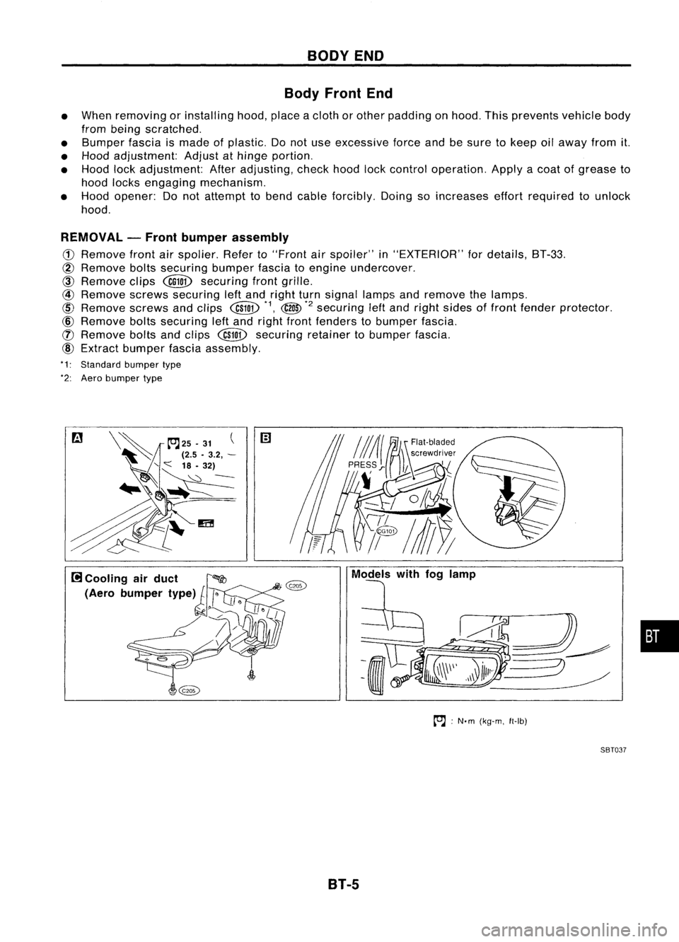NISSAN ALMERA N15 1995 Service Manual BODYEND
Body Front End
• When removing orinstalling hood,placeacloth orother padding onhood. Thisprevents vehiclebody
from being scratched.
• Bumper fasciaismade ofplastic. Donot use excessive fo NISSAN ALMERA N15 1995 Service Manual BODYEND
Body Front End
• When removing orinstalling hood,placeacloth orother padding onhood. Thisprevents vehiclebody
from being scratched.
• Bumper fasciaismade ofplastic. Donot use excessive fo