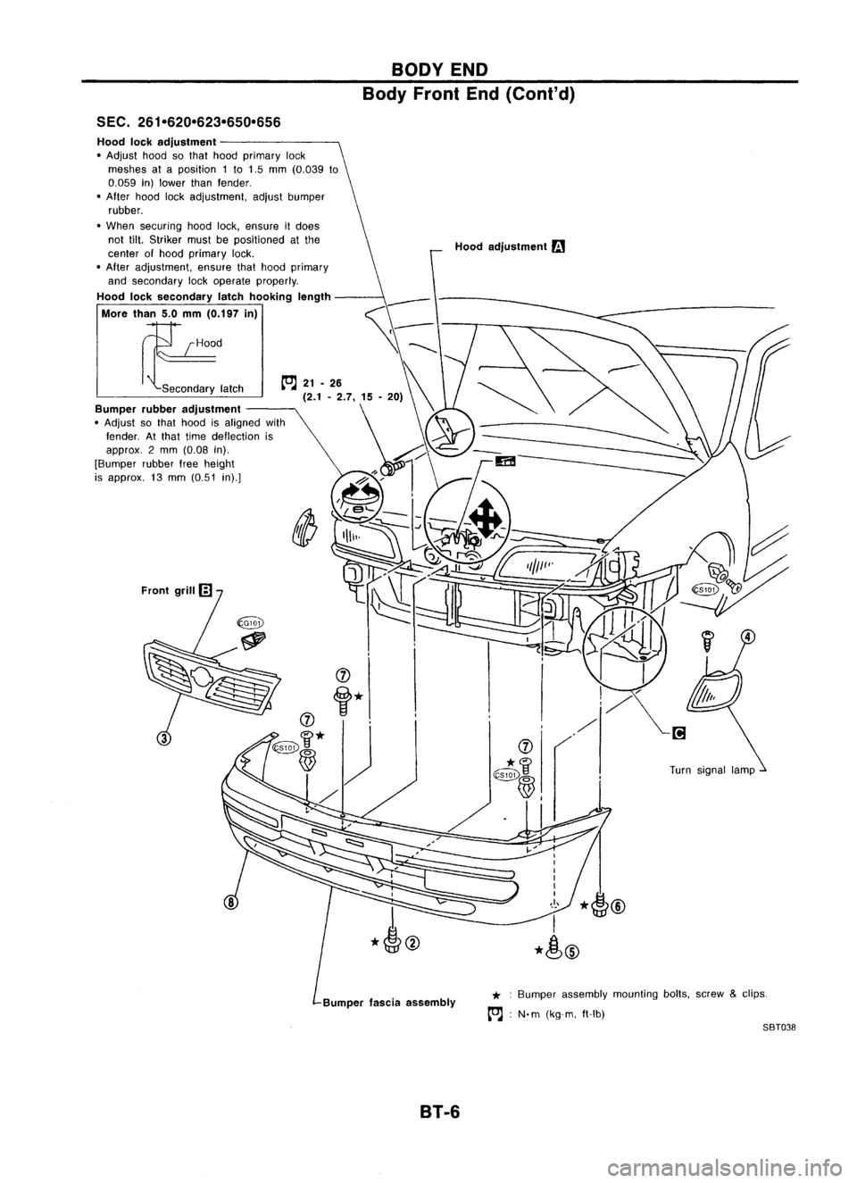 NISSAN ALMERA N15 1995 Service Manual
BODYEND
Body Front End(Cont'd)
SEC. 261-620-623-650-656
Bumperfasciaassembly
Hood
lockadjustment
• Adjust hoodsothat hood primary lock
meshes ataposition 1to 1.5 mm (0.039 to
0.059 in)lower NISSAN ALMERA N15 1995 Service Manual
BODYEND
Body Front End(Cont'd)
SEC. 261-620-623-650-656
Bumperfasciaassembly
Hood
lockadjustment
• Adjust hoodsothat hood primary lock
meshes ataposition 1to 1.5 mm (0.039 to
0.059 in)lower