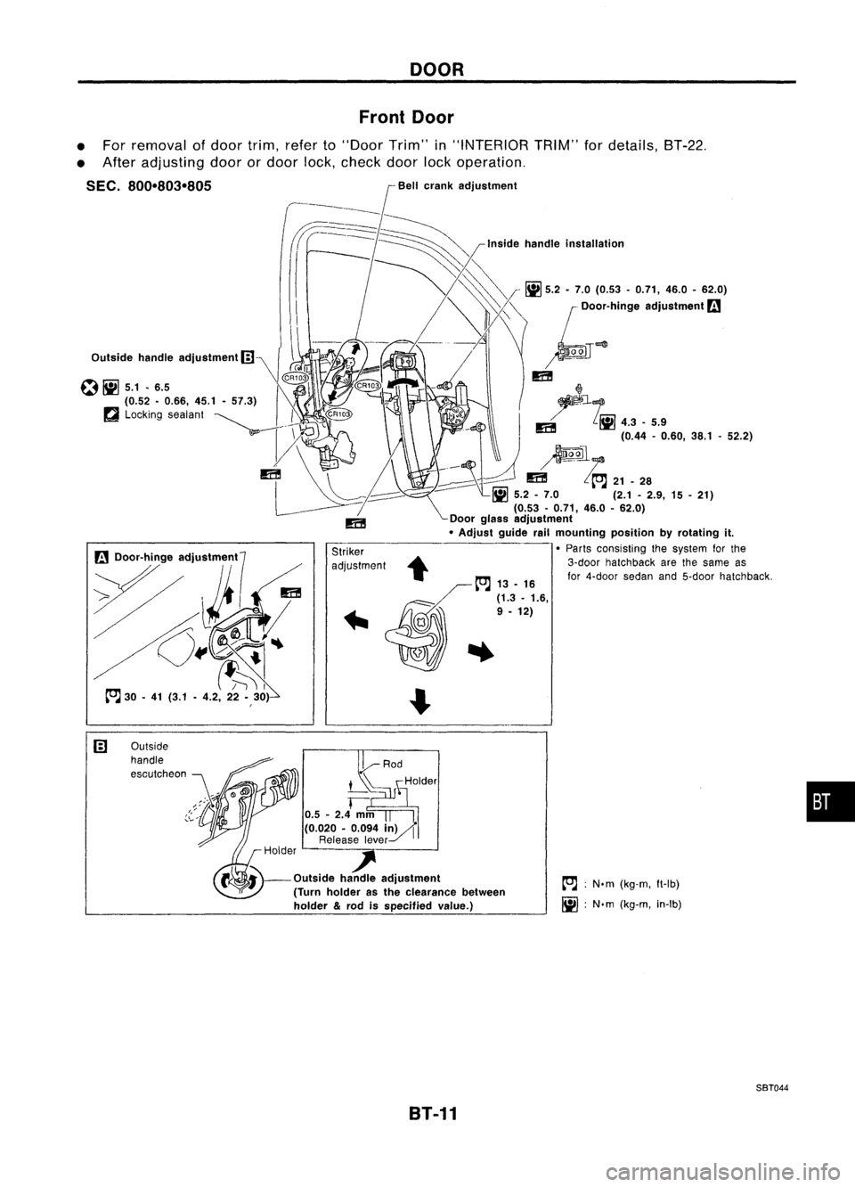 NISSAN ALMERA N15 1995  Service Manual DOOR
Front Door

• For removal ofdoor trim, referto"Door Trim"in"INTERIOR TRIM"fordetails, 8T-22.
• After adjusting doorordoor lock,check doorlockoperation.

SEC. 800-803-805

Outs