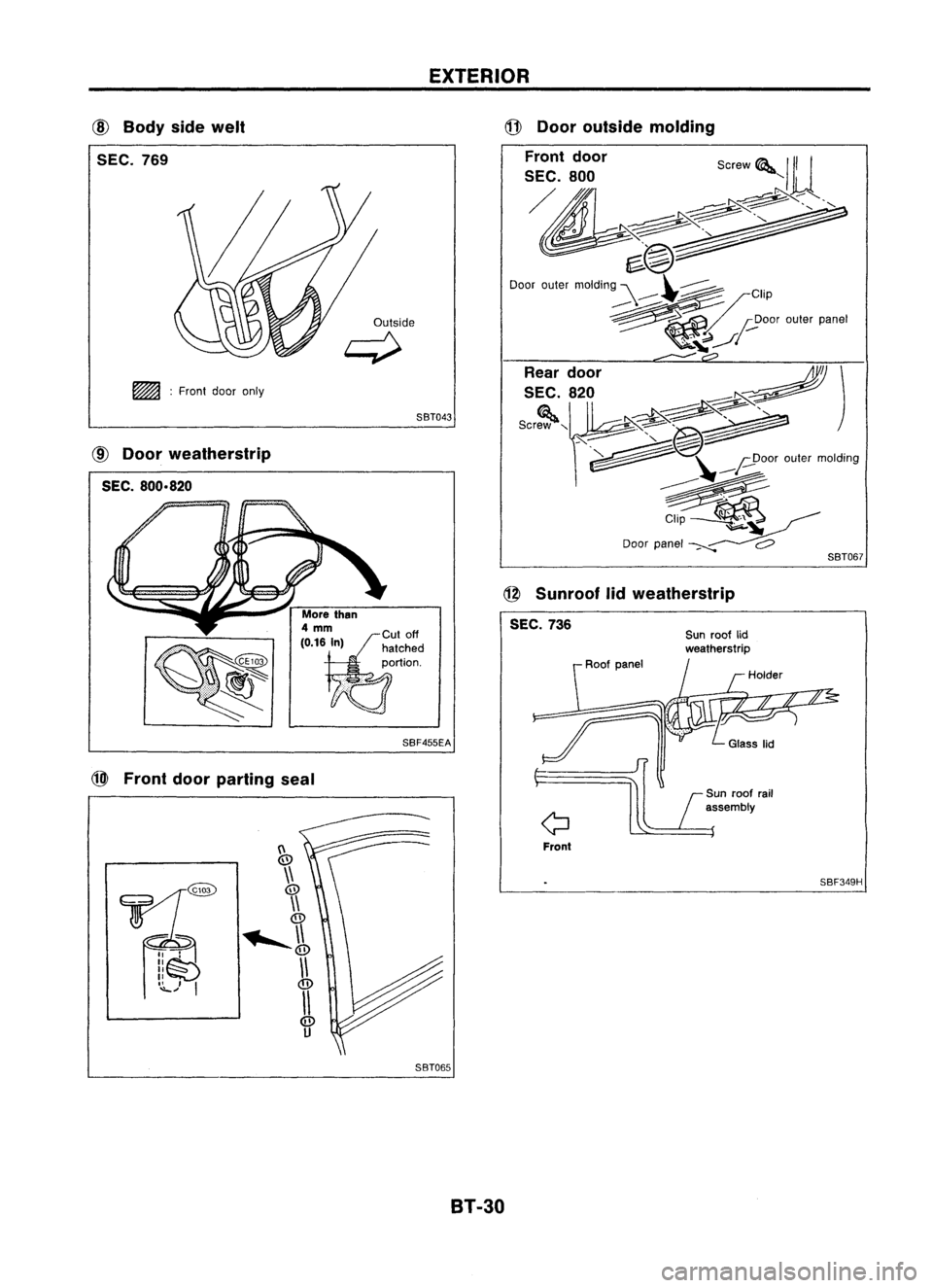 NISSAN ALMERA N15 1995  Service Manual EXTERIOR

r
Sunroof rail
assembly

l

SBF349H
Front 
Sun
roof lid
weatherstrip
Roof panel 
SBT067

@

Door outside molding
Front door

SEC. 800 Screw'
III

~" g.@~

Door outer molding ~__

~/C