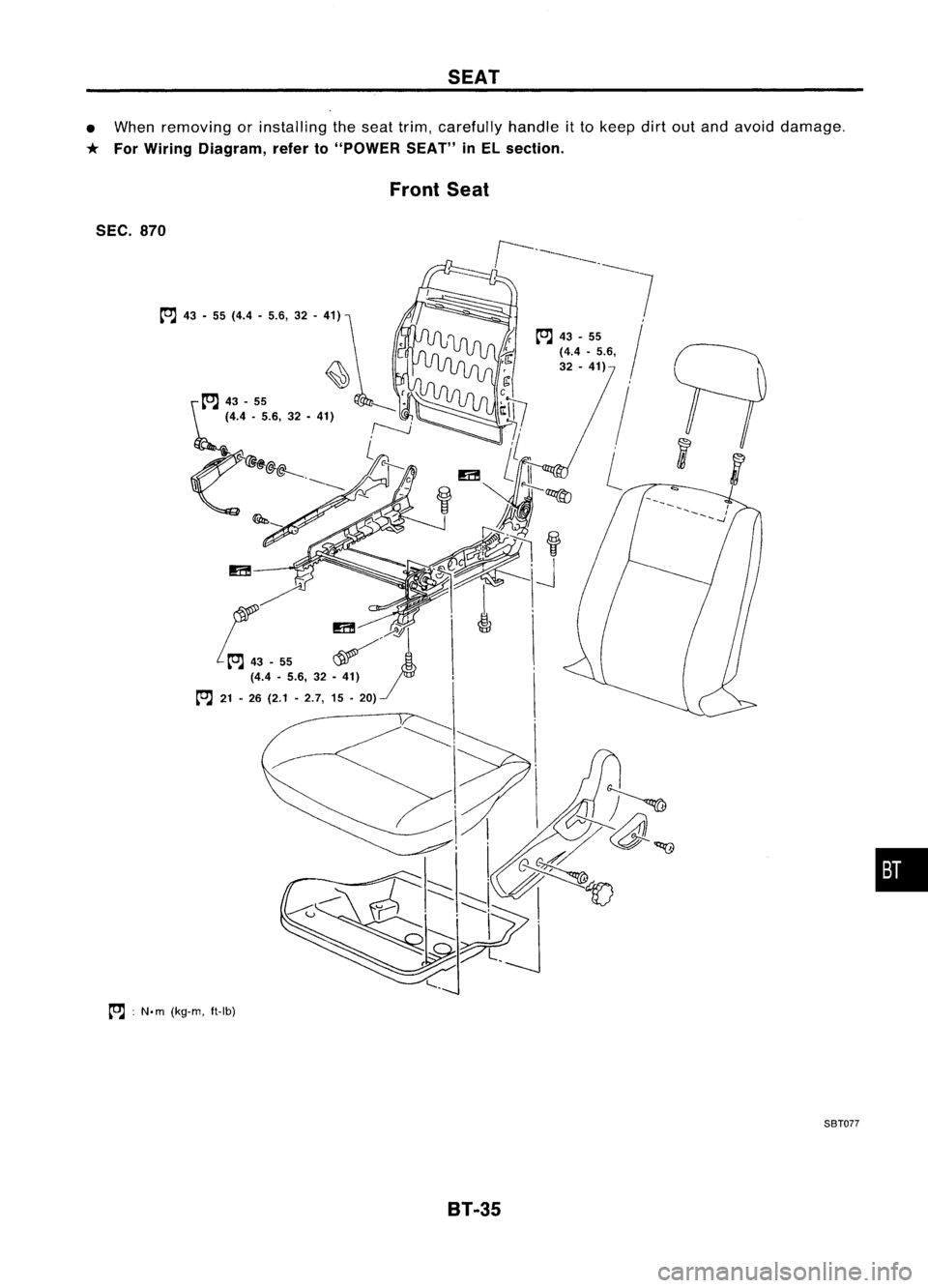 NISSAN ALMERA N15 1995  Service Manual SEAT

• When removing orinstalling theseat trim, carefully handleitto keep dirtoutand avoid damage.

* For Wiring Diagram, referto"POWER SEAT"inEL section.
Front Seat

SEC. 870

l"l 
43�