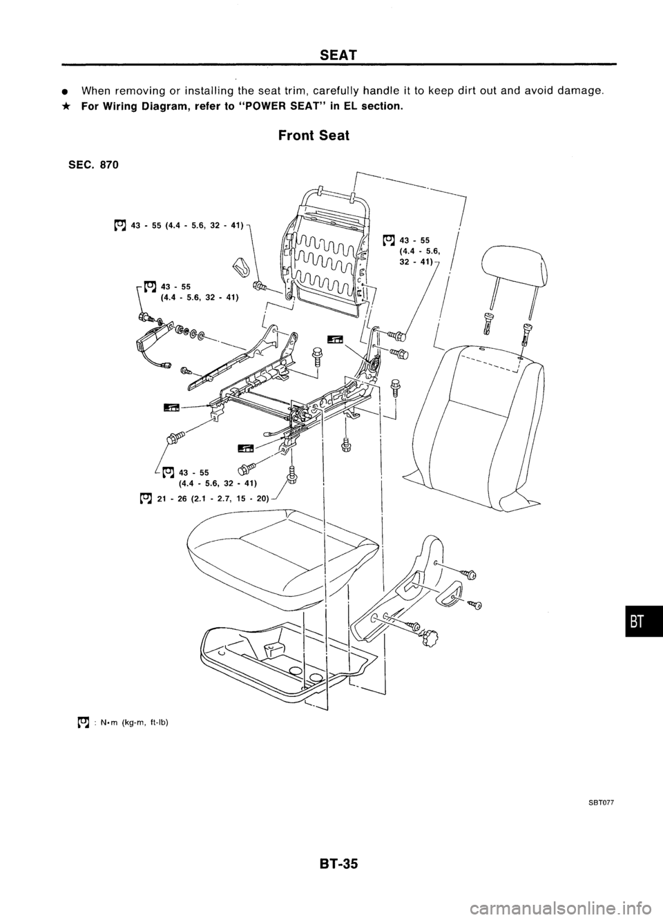 NISSAN ALMERA N15 1995  Service Manual SEAT

• When removing orinstalling theseat trim, carefully handleitto keep dirtoutand avoid damage.

* For Wiring Diagram, referto"POWER SEAT"inEL section.
Front Seat

SEC. 870

l"l 
43