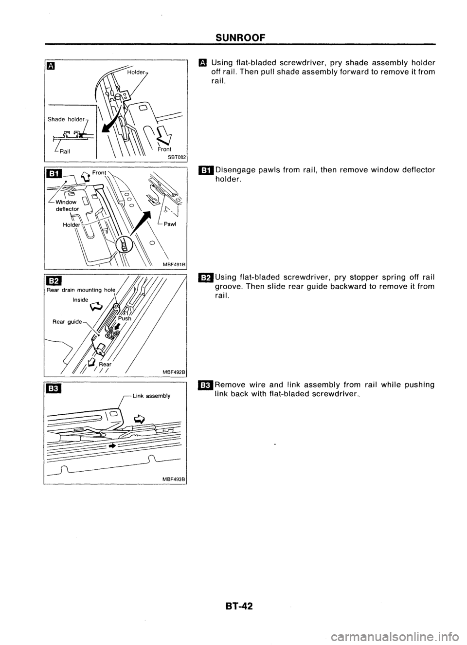 NISSAN ALMERA N15 1995  Service Manual Linkassembly
MBF493B SUNROOF

m 
Using flat-bladed screwdriver, pryshade assembly holder
off rail. Then pullshade assembly forwardtoremove itfrom
rail.
I]IIDisengage pawlsfromrail,then remove window d