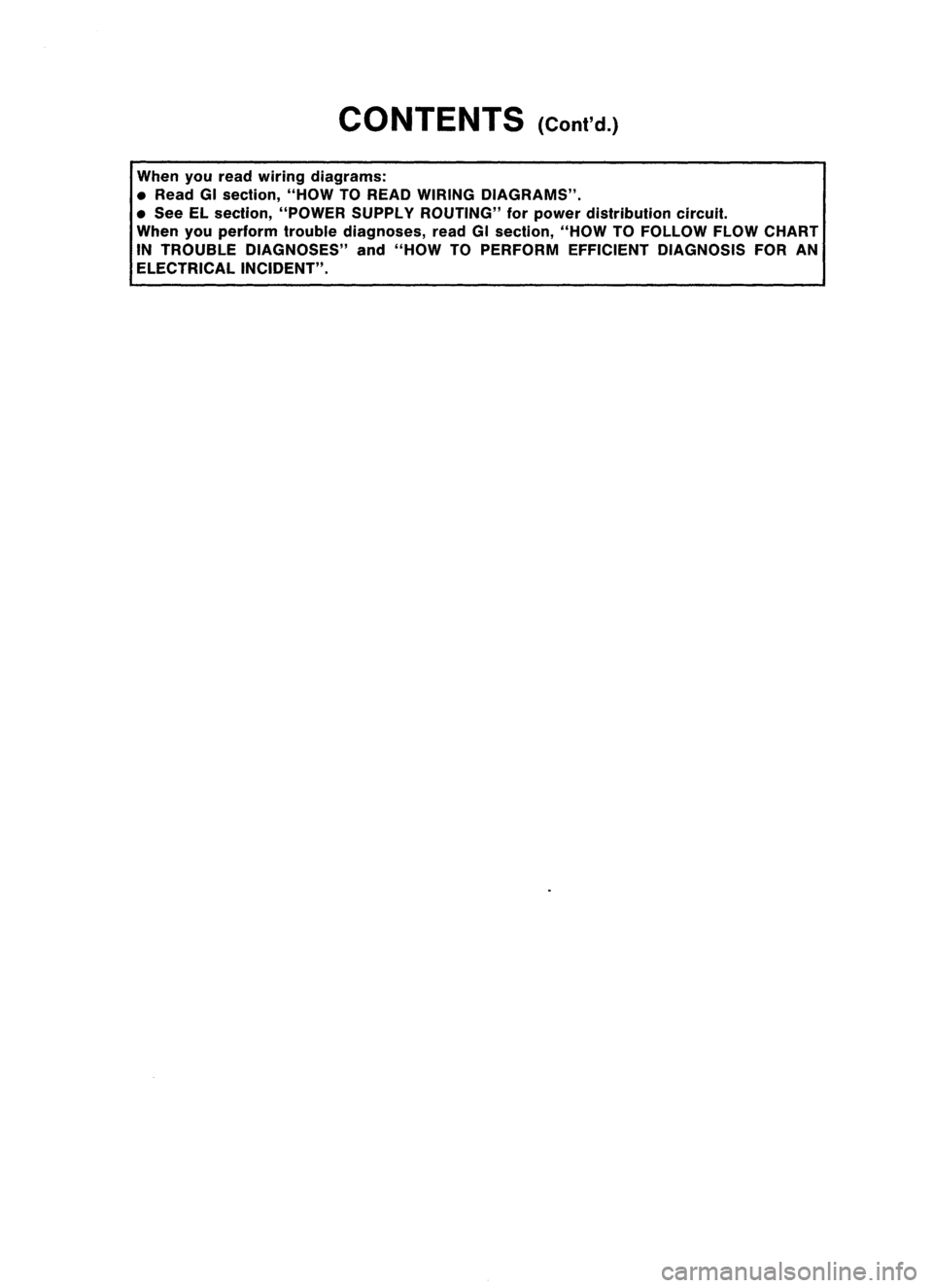 NISSAN ALMERA N15 1995  Service Manual CONTENTS
(Cont'd.)

When youread wiring diagrams:
• Read GIsection, "HOWTOREAD WIRING DIAGRAMS" .
• See Elsection, "POWER SUPPLYROUTING" forpower distribution circuit.
When you