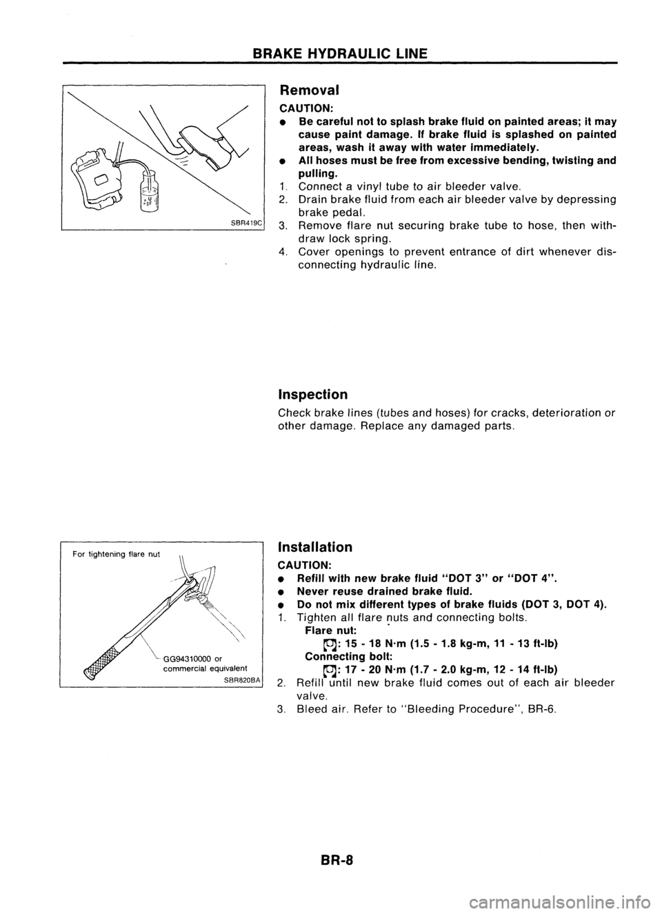 NISSAN ALMERA N15 1995  Service Manual BRAKEHYDRAULIC LINE
SBR419C

For tightening flarenut

~GG94310000 
or

commercial equivalent

SBR820BA 
Removal

CAUTION: • Becareful nottosplash brakefluidonpainted areas;itmay
cause paintdamage. I