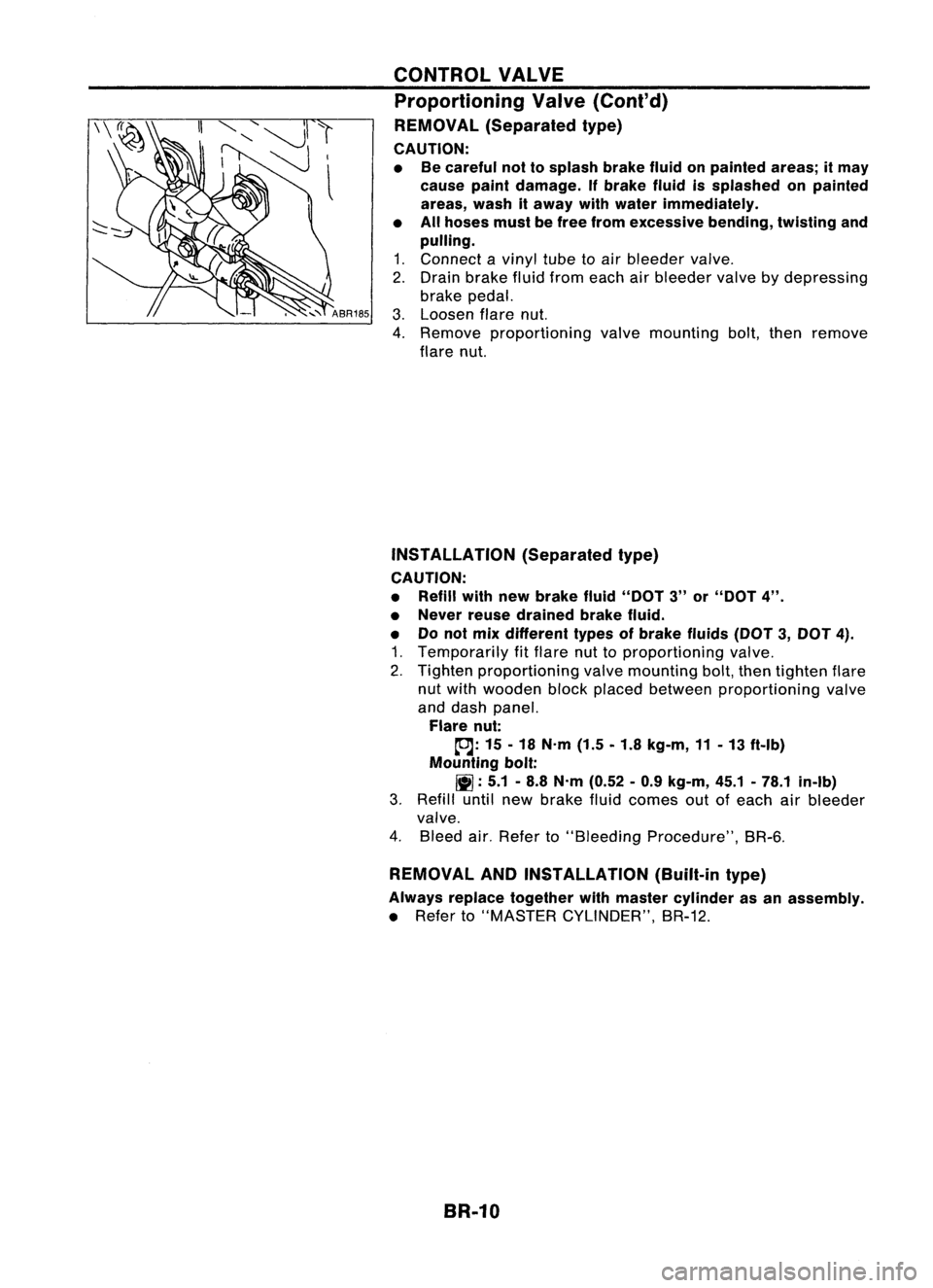 NISSAN ALMERA N15 1995  Service Manual CONTROLVALVE
Proportioning Valve(Cont'd)

REMOVAL (Separated type)

CAUTION:
• Becareful nottosplash brakefluidonpainted areas;itmay
cause paintdamage. Ifbrake fluidissplashed onpainted
areas, w