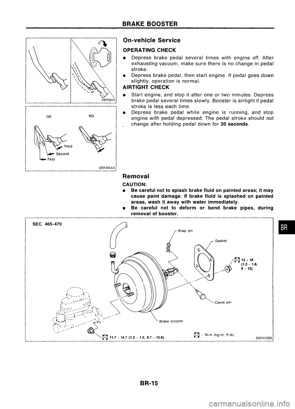 NISSAN ALMERA N15 1995  Service Manual OKNGBRAKE
BOOSTER
On-vehicle Service
OPERATING CHECK

• Depress brakepedalseveral timeswithengine off.After
exhausting vacuum,makesurethere isno change inpedal
stroke.
• Depress brakepedal, thenst