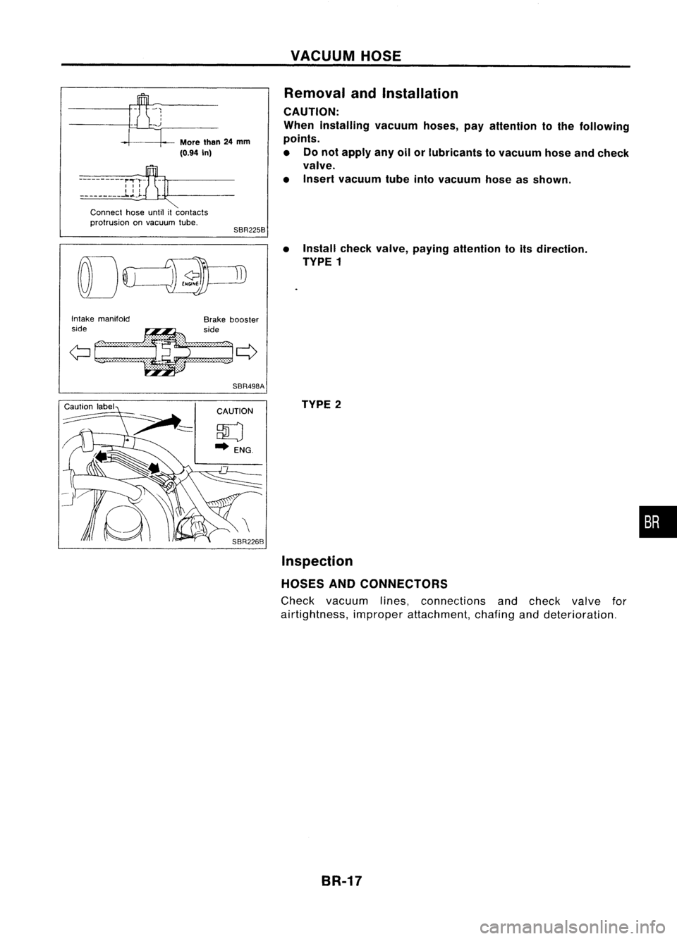 NISSAN ALMERA N15 1995  Service Manual SBR225B

----a

MoreIh.. 24mm

(0.94 In)

----------r:~ 
---------~~~----------

Connect hoseuntilitcontacts
protrusion onvacuum tube. 
VACUUM
HOSE
Removal andInstallation
CAUTION:
When installing vac