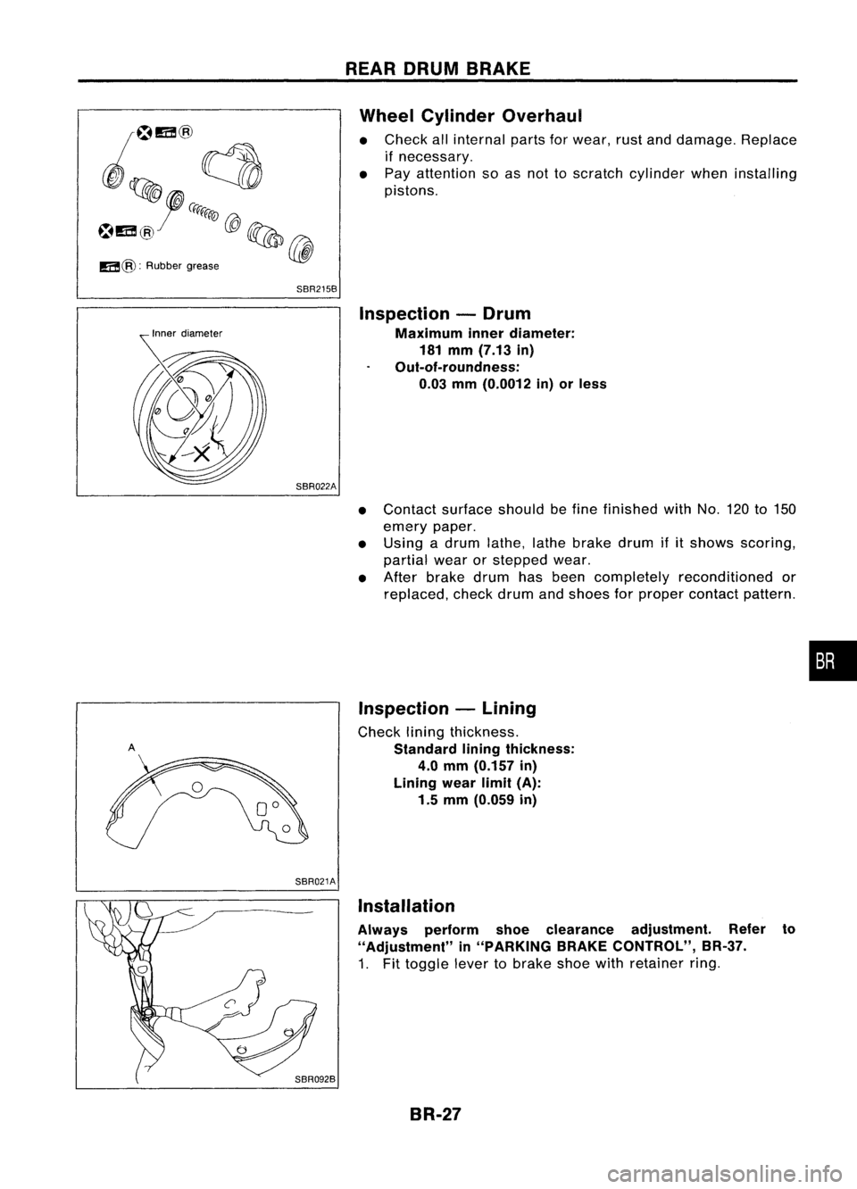 NISSAN ALMERA N15 1995  Service Manual SBR215BREAR
DRUM BRAKE
Wheel Cylinder Overhaul

• Check allinternal partsforwear, rustanddamage. Replace
if necessary.
• Pay attention soasnot toscratch cylinder wheninstalling
pistons.

SBR022A I