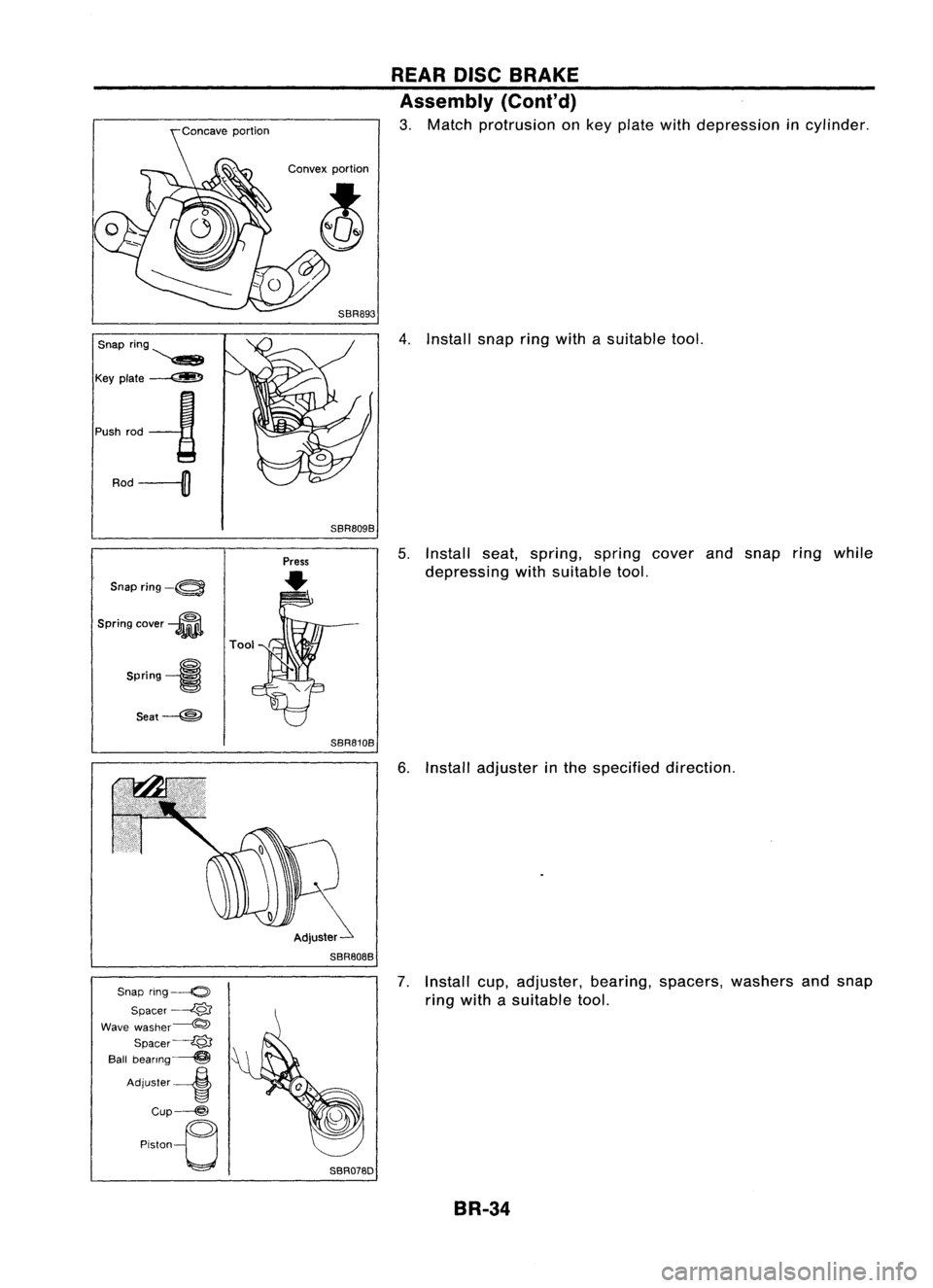 NISSAN ALMERA N15 1995  Service Manual 
Snapring

~

Keyplate~

Rod 
---{[J

Snaprjng-~
Spring cover~
Spring-l Seat--@
Snap ring-o
Spacer 
------L81

VVave washer~
Spacer----i9'J

Ball bearmg~

AdjUSler-i

Cup---@)

P"'o0-e 
Co