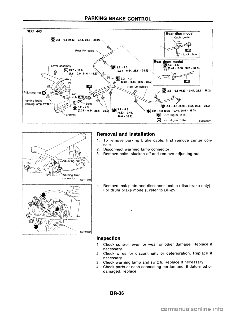 NISSAN ALMERA N15 1995  Service Manual PARKINGBRAKECONTROL

ItJ 
3.'.'~ (0.33.0.... 28.6 •38.2)~

Rear RHcable "'"

SEC.
443
\;..,Reardrum model

,Lever assembly 
~r.iil 
~4.3-6.5

I 
llrJ
3.2•4.3 "~(0.44 •0.6