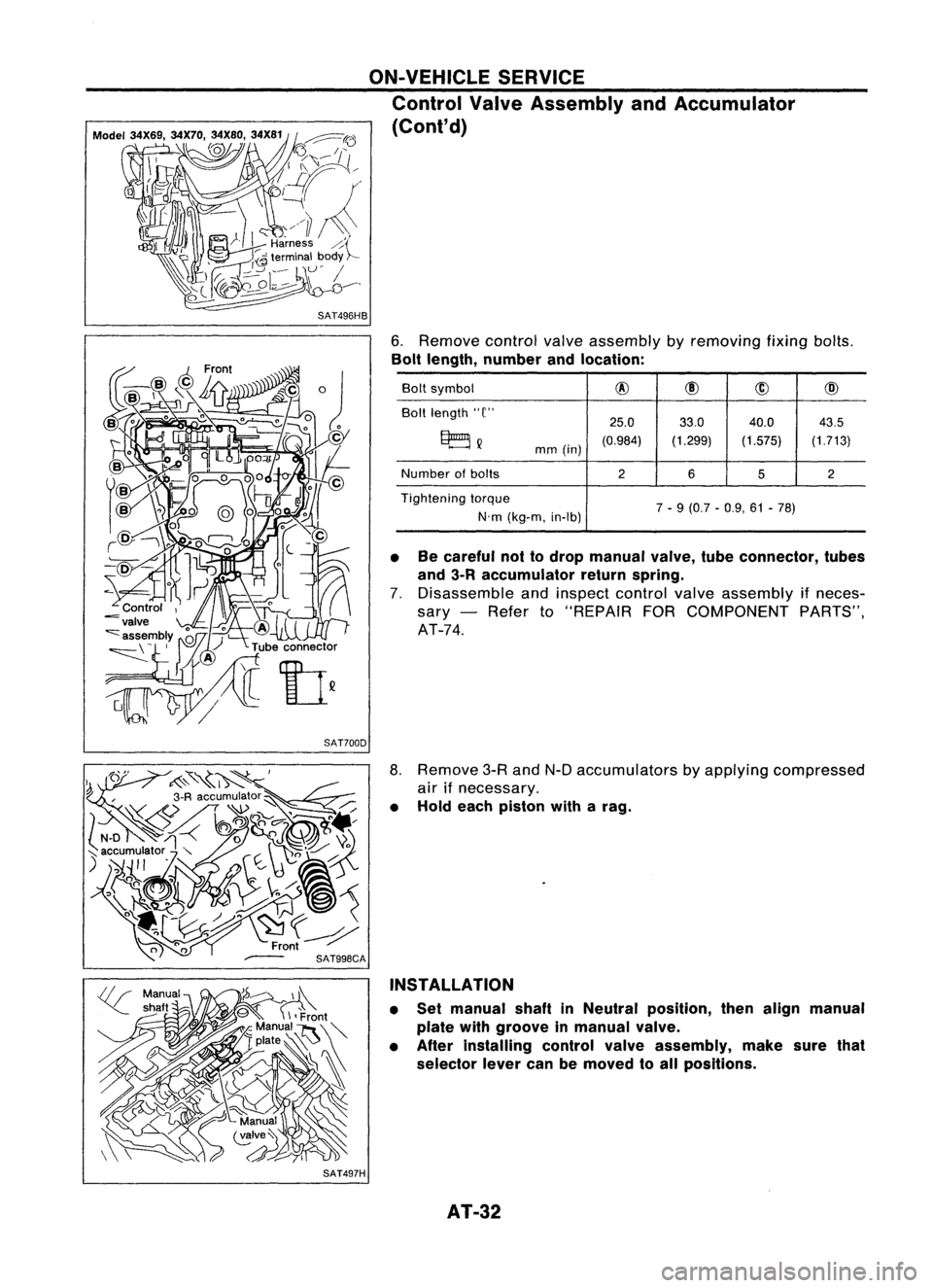 NISSAN ALMERA N15 1995 Owners Guide SAT496HB
SAT700D ON-VEHICLE
SERVICE
Control ValveAssembly andAccumulator
(Cont'd)
6. Remove controlvalveassembly byremoving fixingbolts.
Bolt length, number andlocation:
Bolt symbol
@
@
CID
@ NISSAN ALMERA N15 1995 Owners Guide SAT496HB
SAT700D ON-VEHICLE
SERVICE
Control ValveAssembly andAccumulator
(Cont'd)
6. Remove controlvalveassembly byremoving fixingbolts.
Bolt length, number andlocation:
Bolt symbol
@
@
CID
@