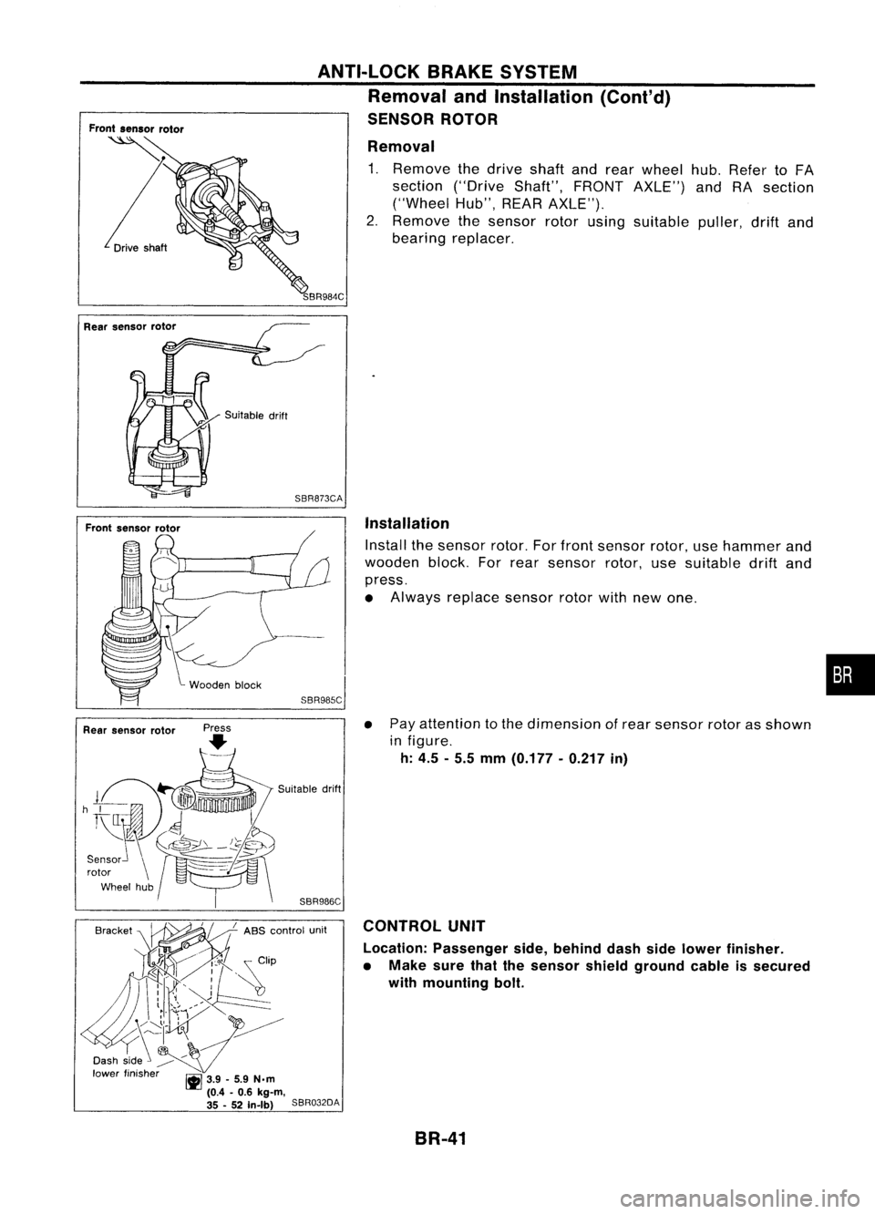 NISSAN ALMERA N15 1995  Service Manual ANTI-LOCKBRAKESYSTEM

Removal andInstallation (Cont'd)

SENSOR ROTOR

Removal 
1. Remove thedrive shaftandrear wheel hub.Refer toFA
section ("DriveShaft",FRONTAXLE") andRAsection
("