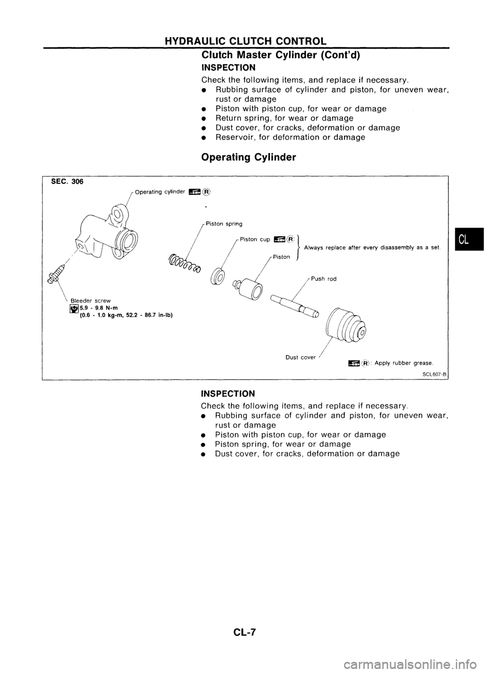 NISSAN ALMERA N15 1995 Service Manual HYDRAULICCLUTCHCONTROL
Clutch Master Cylinder (Cont'd)
INSPECTION
Check thefollowing items,andreplace ifnecessary.
• Rubbing surfaceofcylinder andpiston, foruneven wear,
rust ordamage
• Pisto NISSAN ALMERA N15 1995 Service Manual HYDRAULICCLUTCHCONTROL
Clutch Master Cylinder (Cont'd)
INSPECTION
Check thefollowing items,andreplace ifnecessary.
• Rubbing surfaceofcylinder andpiston, foruneven wear,
rust ordamage
• Pisto