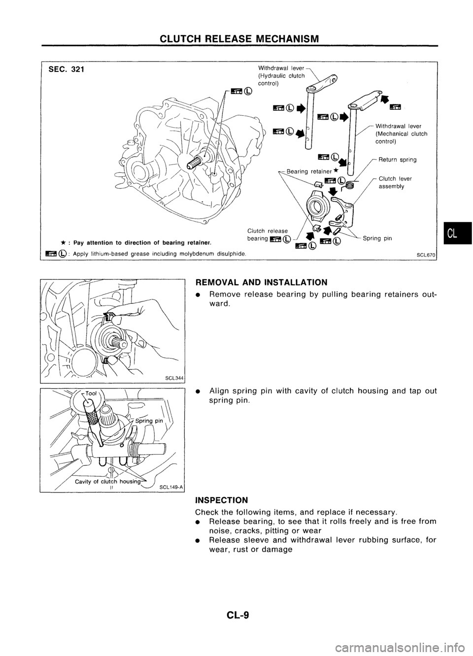 NISSAN ALMERA N15 1995 Service Manual CLUTCHRELEASE MECHANISM
SEC. 321
* :
Pay attention todirection ofbearing retainer.
m
(Q: Apply lithium-based greaseincluding molybdenum disulphide. Withdrawal
lever
(Hydraulic clutch
control)
Sprin NISSAN ALMERA N15 1995 Service Manual CLUTCHRELEASE MECHANISM
SEC. 321
* :
Pay attention todirection ofbearing retainer.
m
(Q: Apply lithium-based greaseincluding molybdenum disulphide. Withdrawal
lever
(Hydraulic clutch
control)
Sprin
