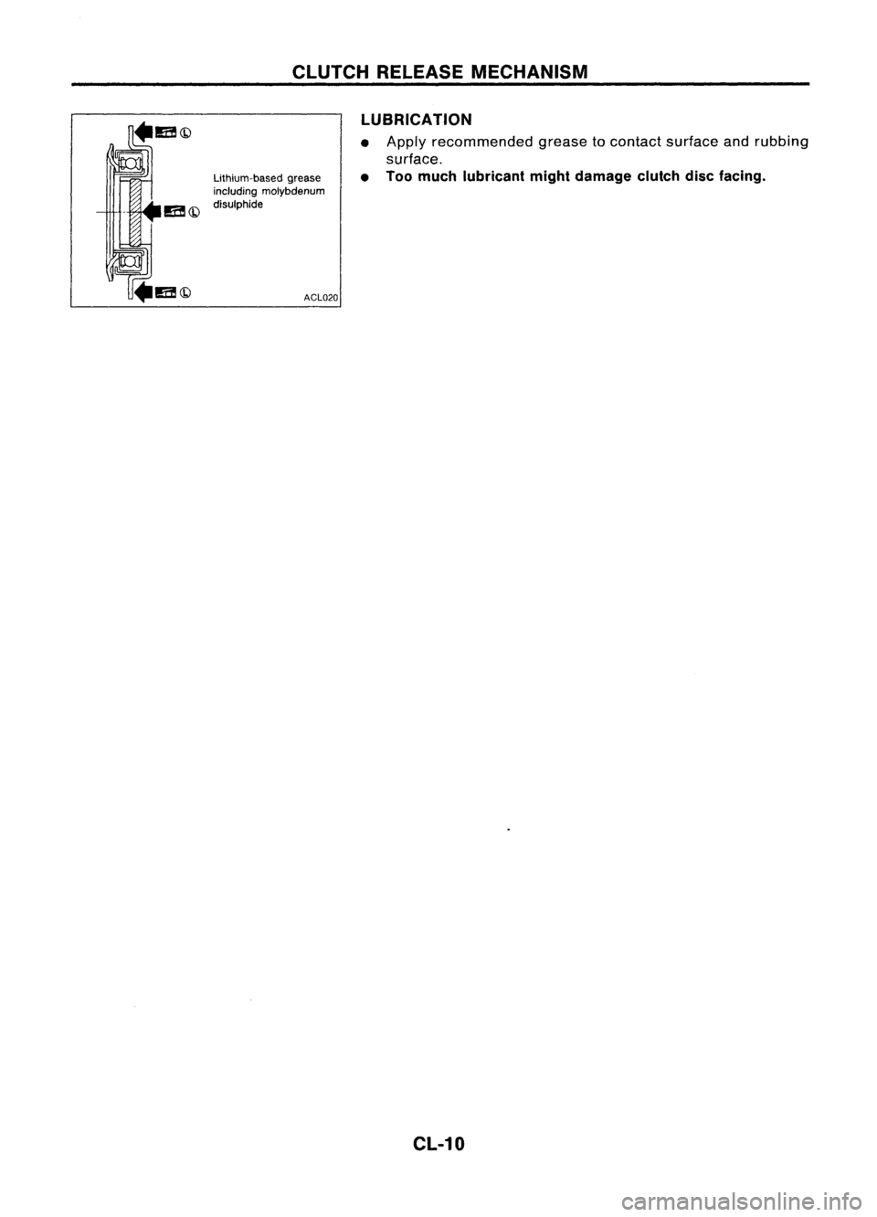 NISSAN ALMERA N15 1995 Service Manual CLUTCHRELEASE MECHANISM
LUBRICATION
Lithium-based grease
including molybdenum
disulphide
ACL020•
•
Apply
recommended greasetocontact surface andrubbing
surface.
Too much lubricant mightdamage c NISSAN ALMERA N15 1995 Service Manual CLUTCHRELEASE MECHANISM
LUBRICATION
Lithium-based grease
including molybdenum
disulphide
ACL020•
•
Apply
recommended greasetocontact surface andrubbing
surface.
Too much lubricant mightdamage c