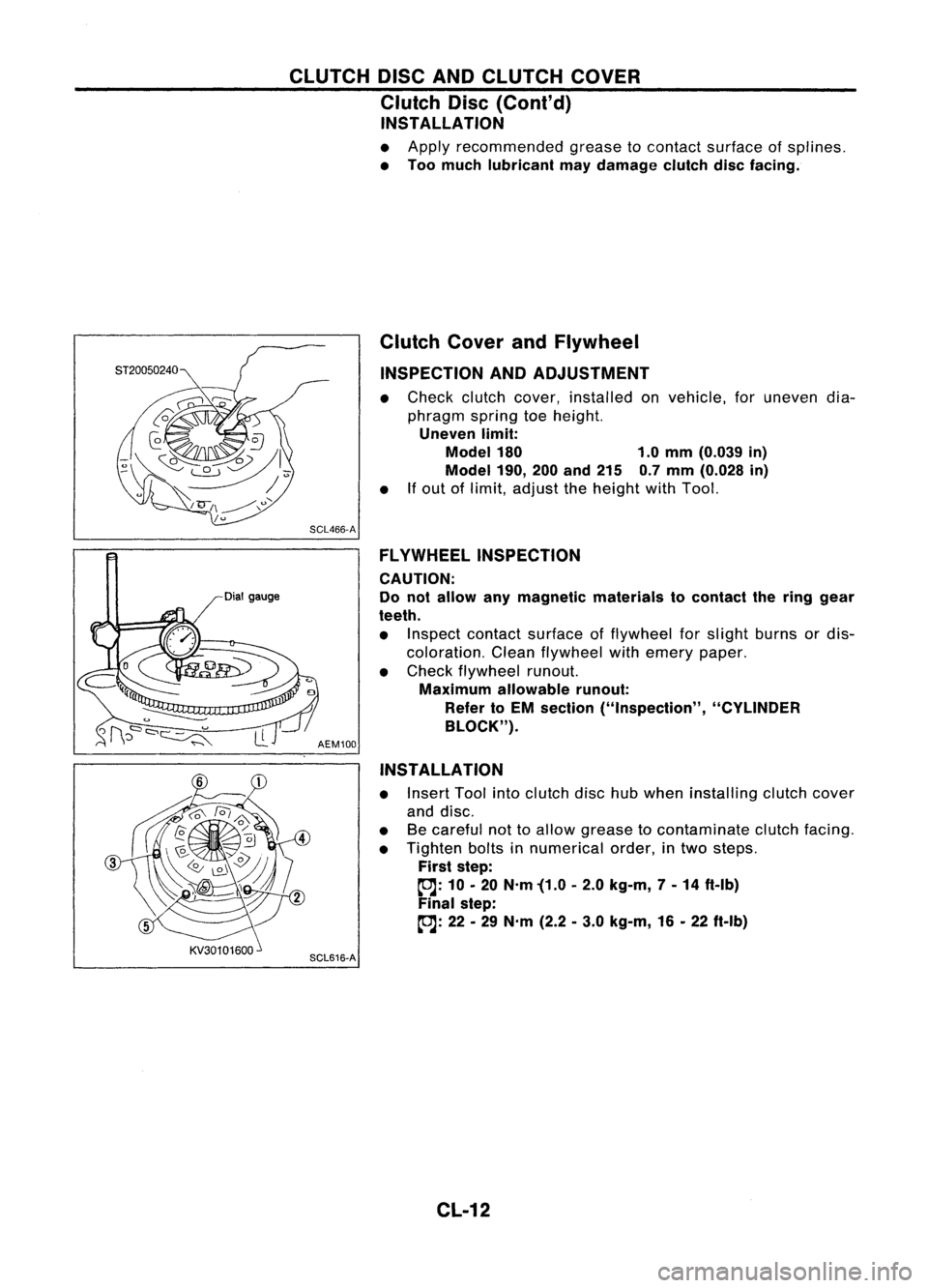 NISSAN ALMERA N15 1995 Service Manual CLUTCHDISCANDCLUTCH COVER
Clutch Disc(Cont'd)
INSTALLATION
• Apply recommended greasetocontact surface ofsplines.
• Too much lubricant maydamage clutchdiscfacing.
Dial gauge Clutch
CoverandF NISSAN ALMERA N15 1995 Service Manual CLUTCHDISCANDCLUTCH COVER
Clutch Disc(Cont'd)
INSTALLATION
• Apply recommended greasetocontact surface ofsplines.
• Too much lubricant maydamage clutchdiscfacing.
Dial gauge Clutch
CoverandF