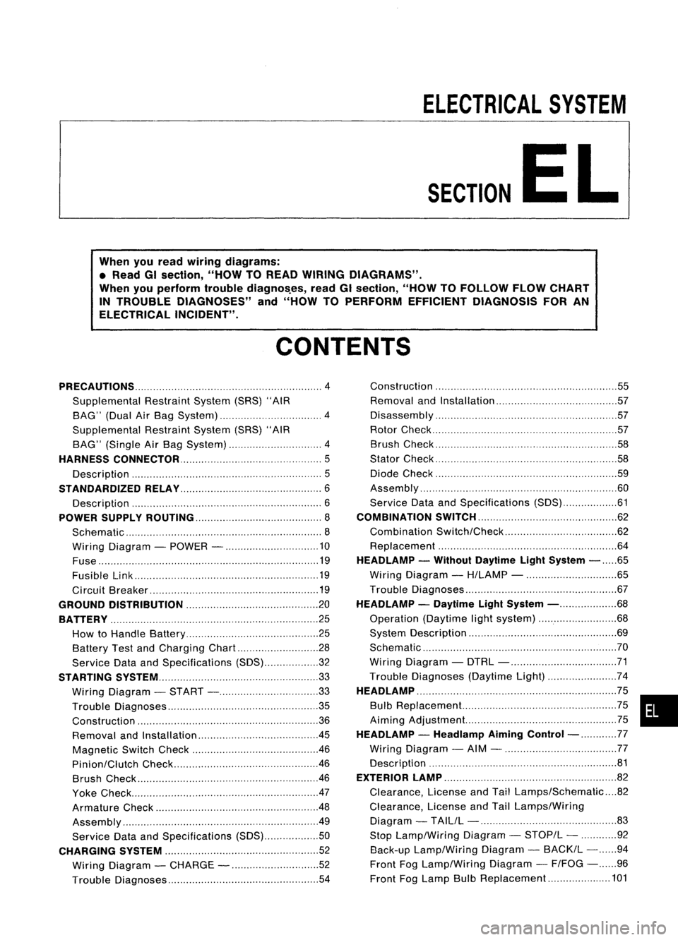 NISSAN ALMERA N15 1995 Service Manual
ELECTRICALSYSTEM
SECTION
EL
When youread wiring diagrams:
• Read GIsection, "HOWTOREAD WIRING DIAGRAMS".
When youperform troublediagnos.es, readGIsection, "HOWTOFOllOW FLOWCHART
IN TR NISSAN ALMERA N15 1995 Service Manual
ELECTRICALSYSTEM
SECTION
EL
When youread wiring diagrams:
• Read GIsection, "HOWTOREAD WIRING DIAGRAMS".
When youperform troublediagnos.es, readGIsection, "HOWTOFOllOW FLOWCHART
IN TR
