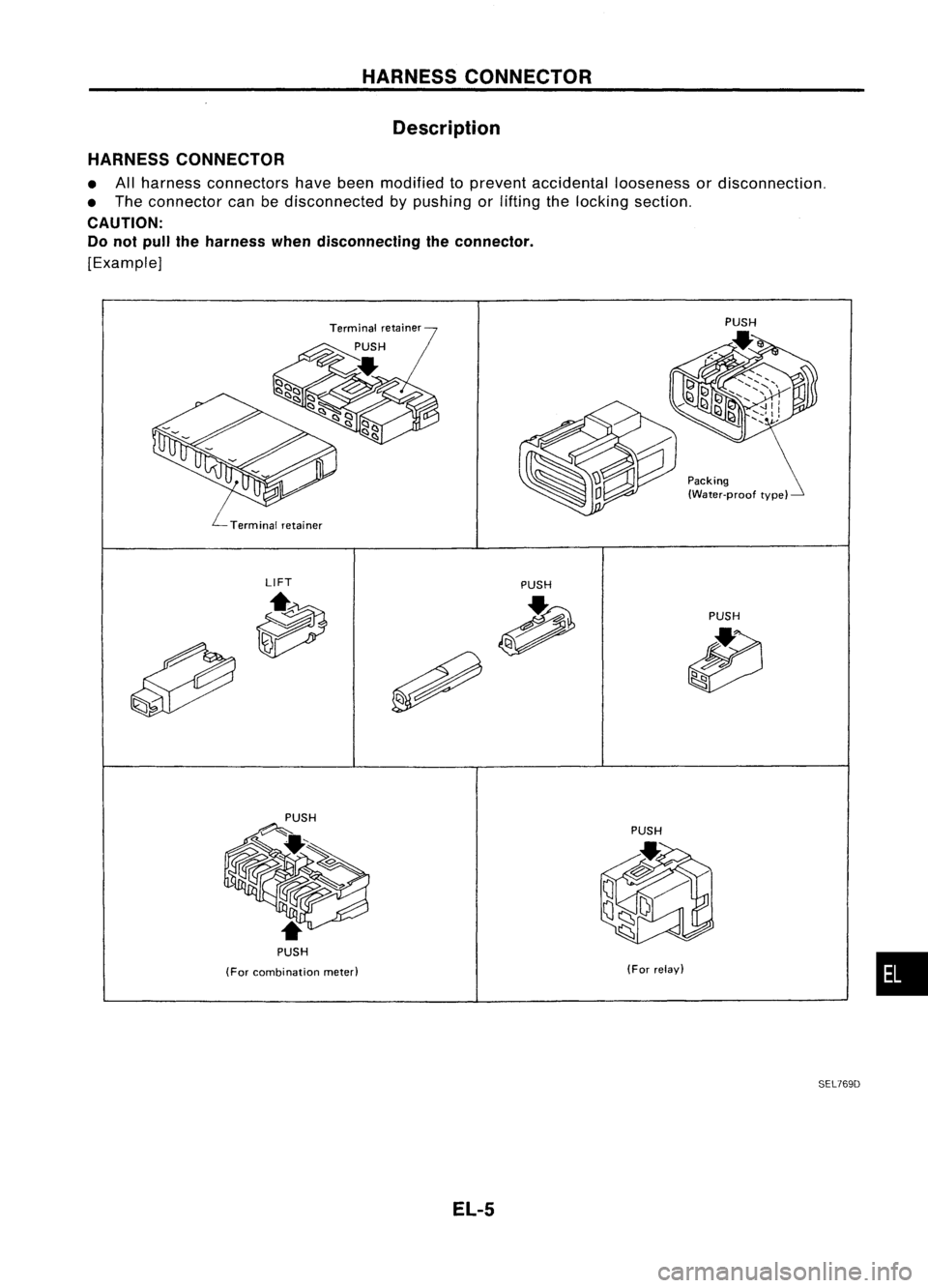NISSAN ALMERA N15 1995 Service Manual
Packing(Water-proof type)
HARNESS
CONNECTOR
Description
HARNESS CONNECTOR
• Allharness connectors havebeen modified toprevent accidental loosenessordisconnection.
• The connector canbedisconnec NISSAN ALMERA N15 1995 Service Manual
Packing(Water-proof type)
HARNESS
CONNECTOR
Description
HARNESS CONNECTOR
• Allharness connectors havebeen modified toprevent accidental loosenessordisconnection.
• The connector canbedisconnec