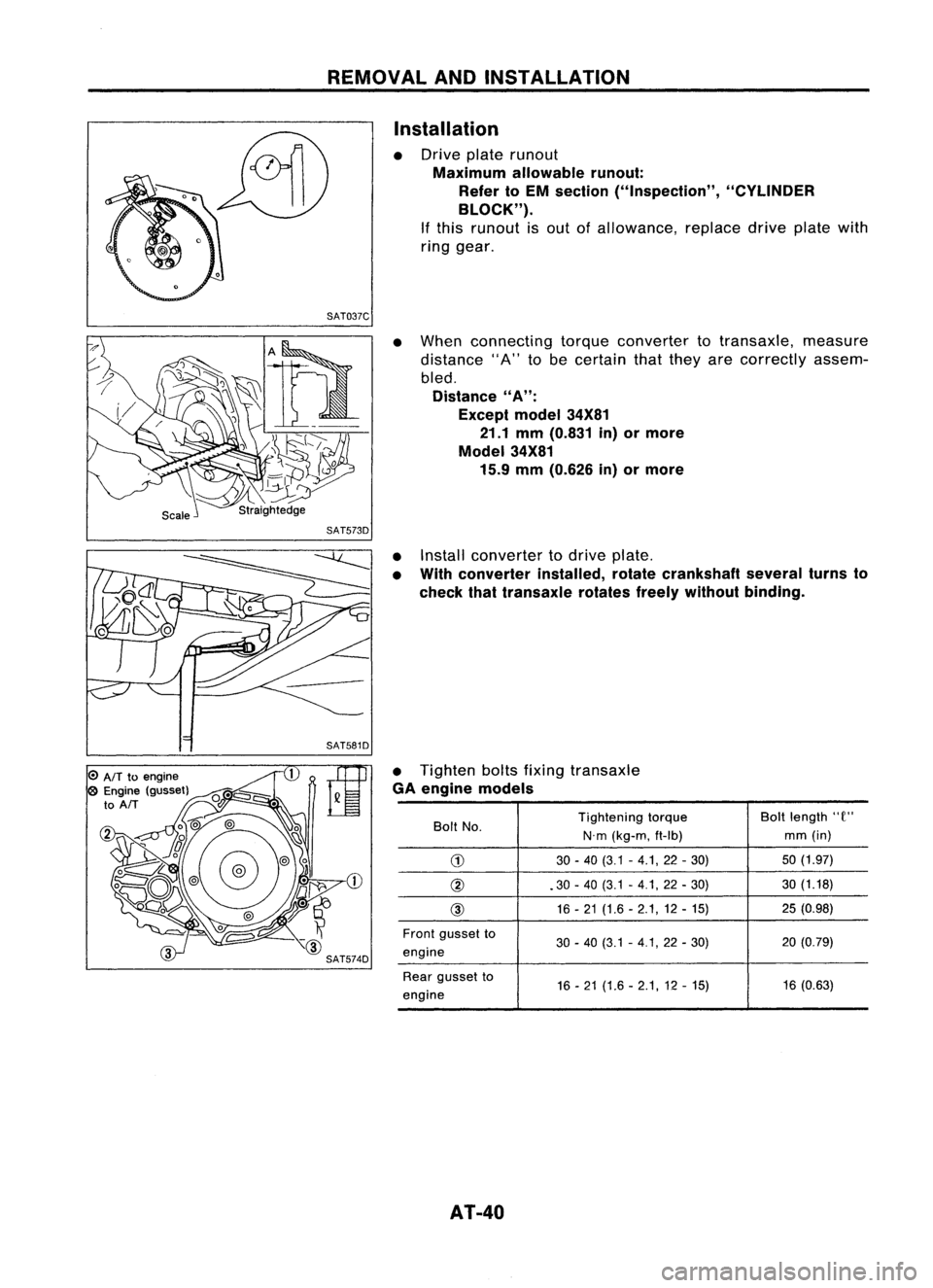 NISSAN ALMERA N15 1995 Service Manual REMOVALANDINSTALLATION
Installation
• Drive platerunout
Maximum allowablerunout:
Refer toEM section ("Inspection", "CYLINDER
BLOCK").
If this runout isout ofallowance, replacedriv NISSAN ALMERA N15 1995 Service Manual REMOVALANDINSTALLATION
Installation
• Drive platerunout
Maximum allowablerunout:
Refer toEM section ("Inspection", "CYLINDER
BLOCK").
If this runout isout ofallowance, replacedriv