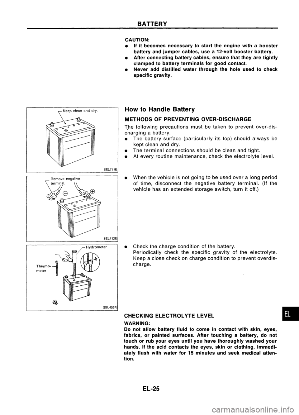 NISSAN ALMERA N15 1995 Service Manual SEL711EBATTERY
CAUTION:
• If
itbecomes necessary tostart theengine withabooster
battery andjumper cables, usea12-volt booster battery.
• After connecting batterycables, ensurethatthey aretightly
NISSAN ALMERA N15 1995 Service Manual SEL711EBATTERY
CAUTION:
• If
itbecomes necessary tostart theengine withabooster
battery andjumper cables, usea12-volt booster battery.
• After connecting batterycables, ensurethatthey aretightly