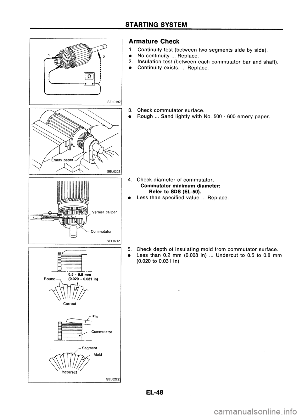 NISSAN ALMERA N15 1995  Service Manual •
SEL019Z
Vernier caliper
SEL021Z

Round 0.5-0.8 ,;,;;

~""I
Correct
~File
~ Commutator
SEL022Z STARTING
SYSTEM
Armature Check

1. Continuity test(b
• Nocontinuit etweentwosegm .
2. Insula